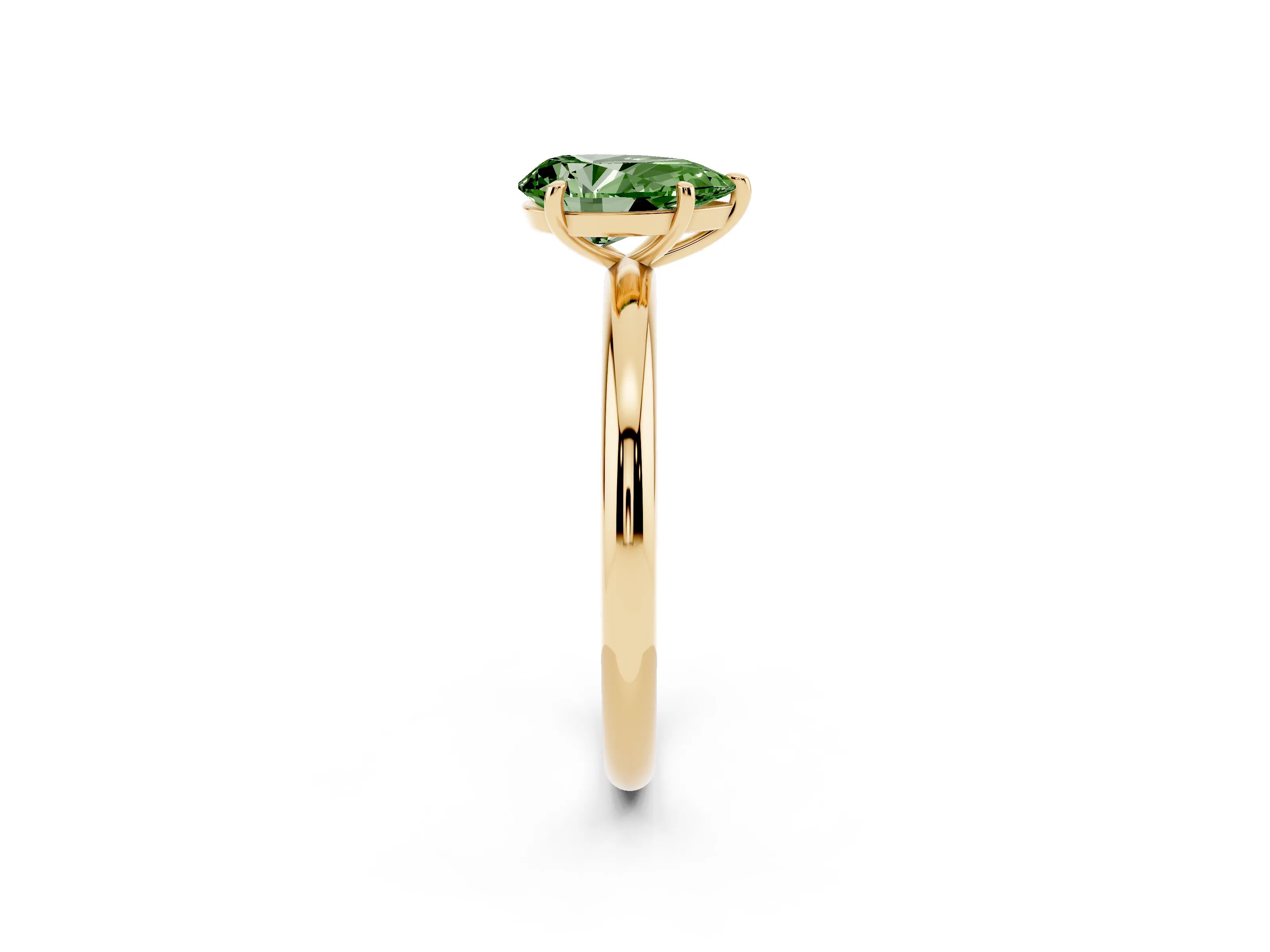 Fancy Green Pear Cut Diamond Solitaire Ring Set in Yellow gold with Prong Setting on a Polished Plain Band