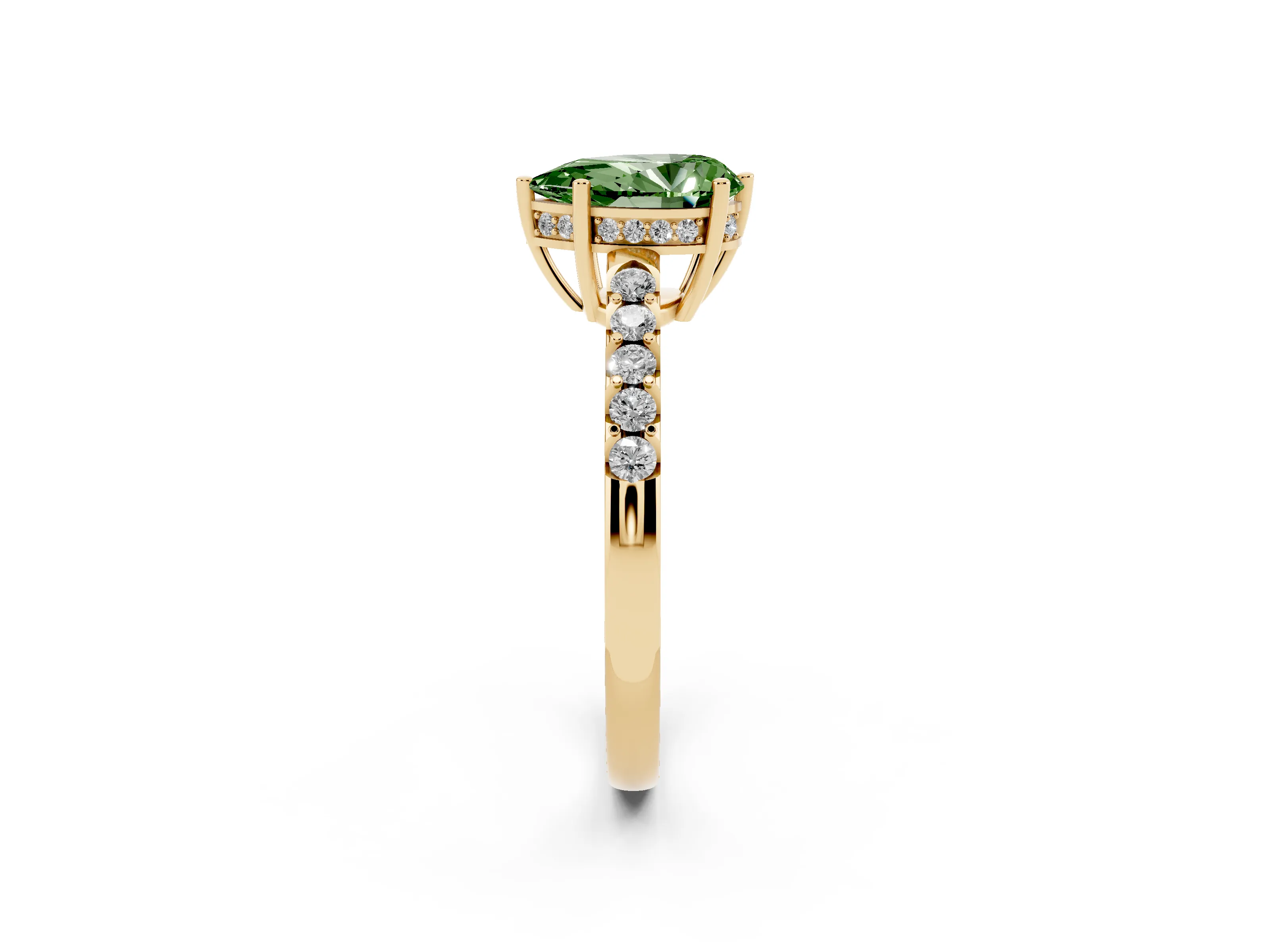 Fancy Green Pear Cut Diamond Solitaire Engagement Ring Set in Yellow gold with Pavé Band and Prong Setting