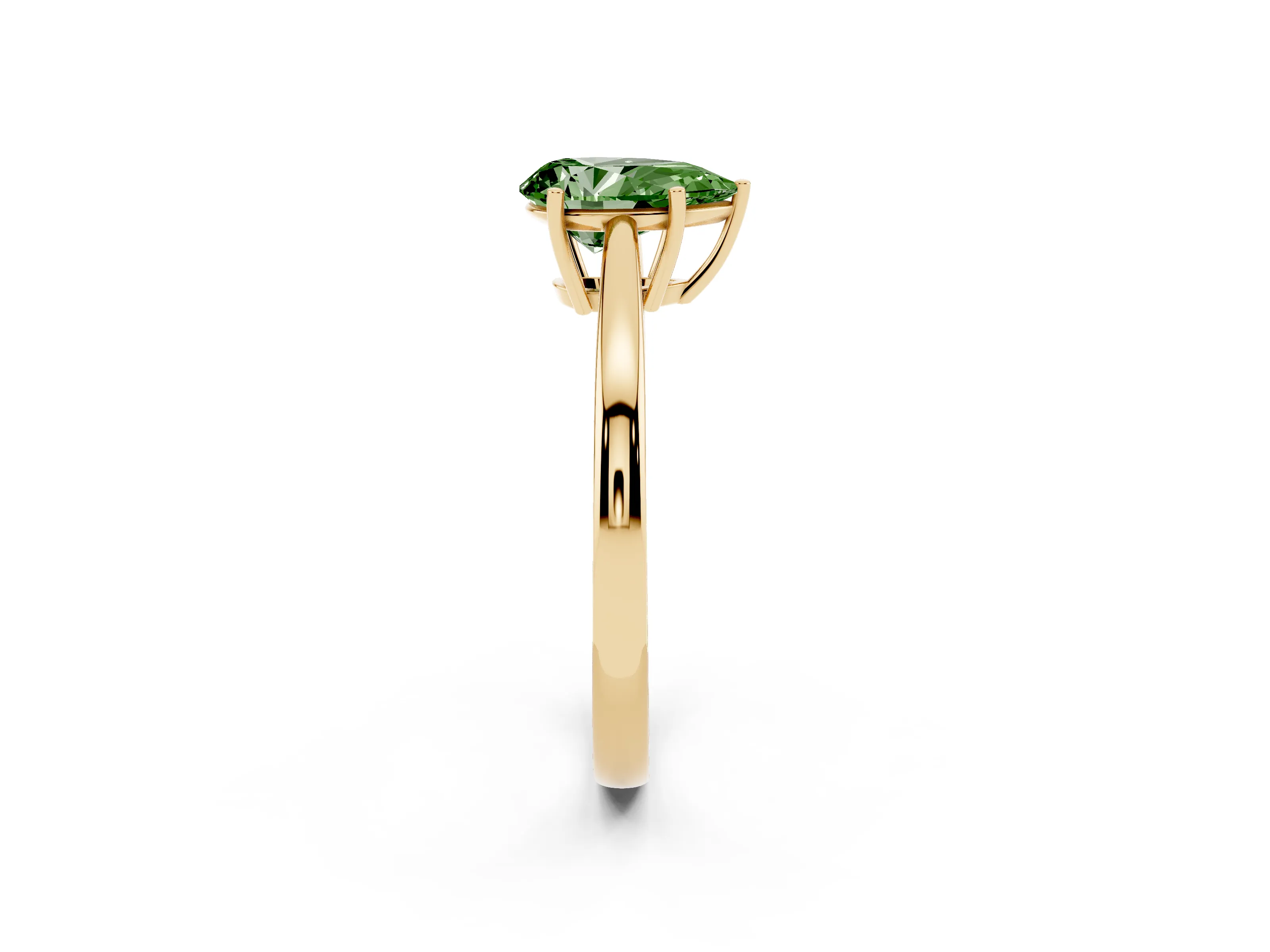 Fancy Green Pear Cut Diamond Solitaire Ring Set in Yellow gold with Split Shank and Prong Setting