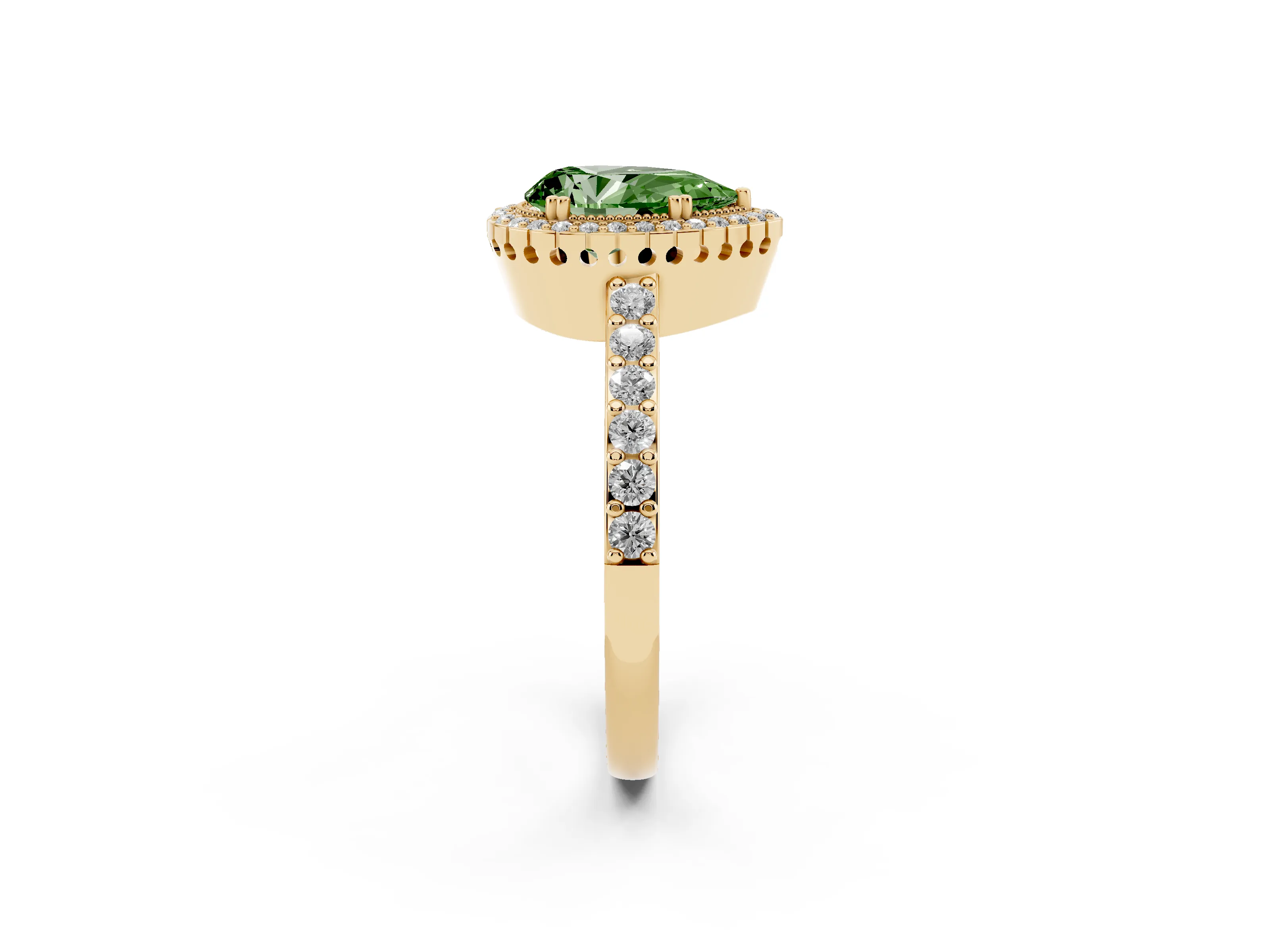 Fancy Green Pear Cut Diamond Halo Engagement Ring Set in Yellow gold with Milgrain Detail and Pavé Band