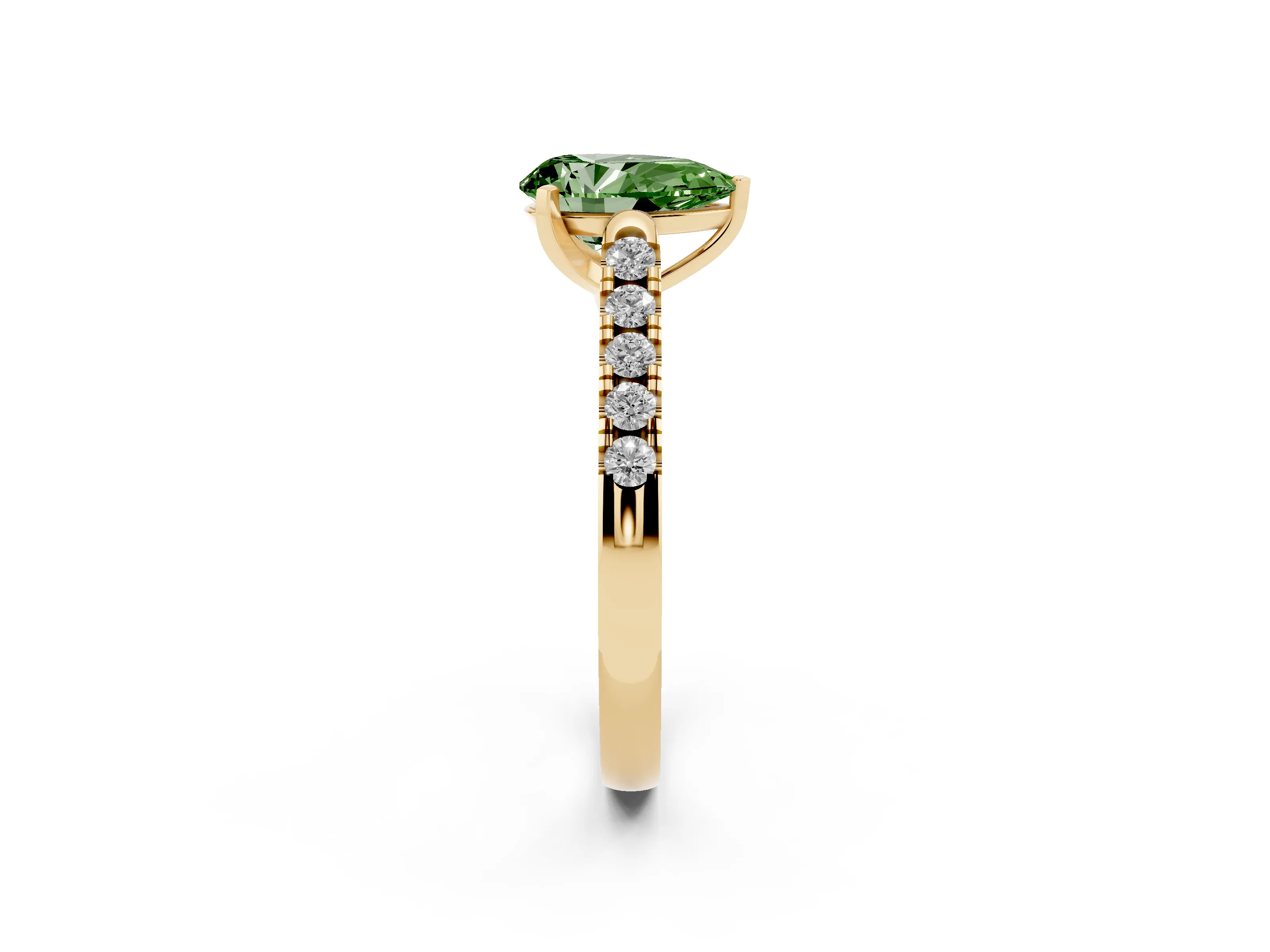Fancy Green Pear Cut Diamond Pavé Band Solitaire Ring Set in Yellow gold with Partway Accent Stones and Prong Setting