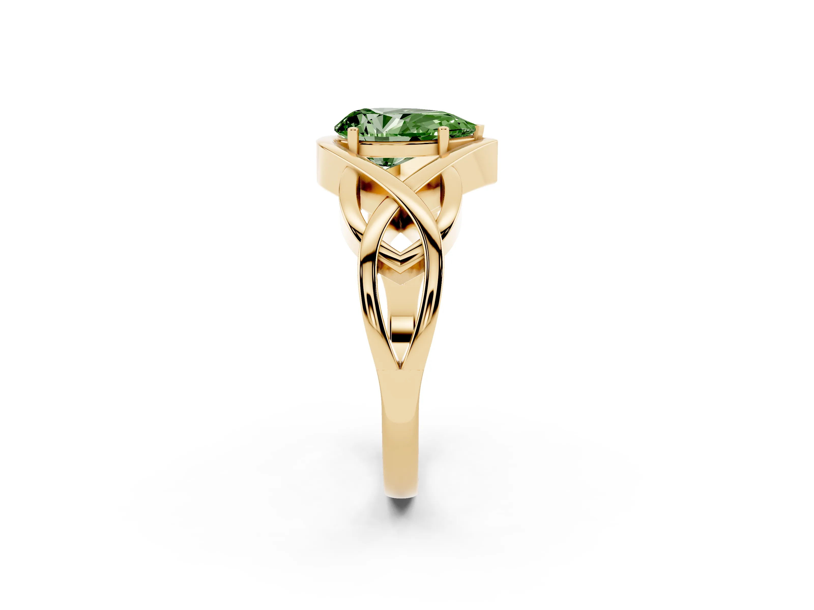 Fancy Green Pear Cut Diamond Solitaire Ring Set in Yellow gold with Intertwined Band