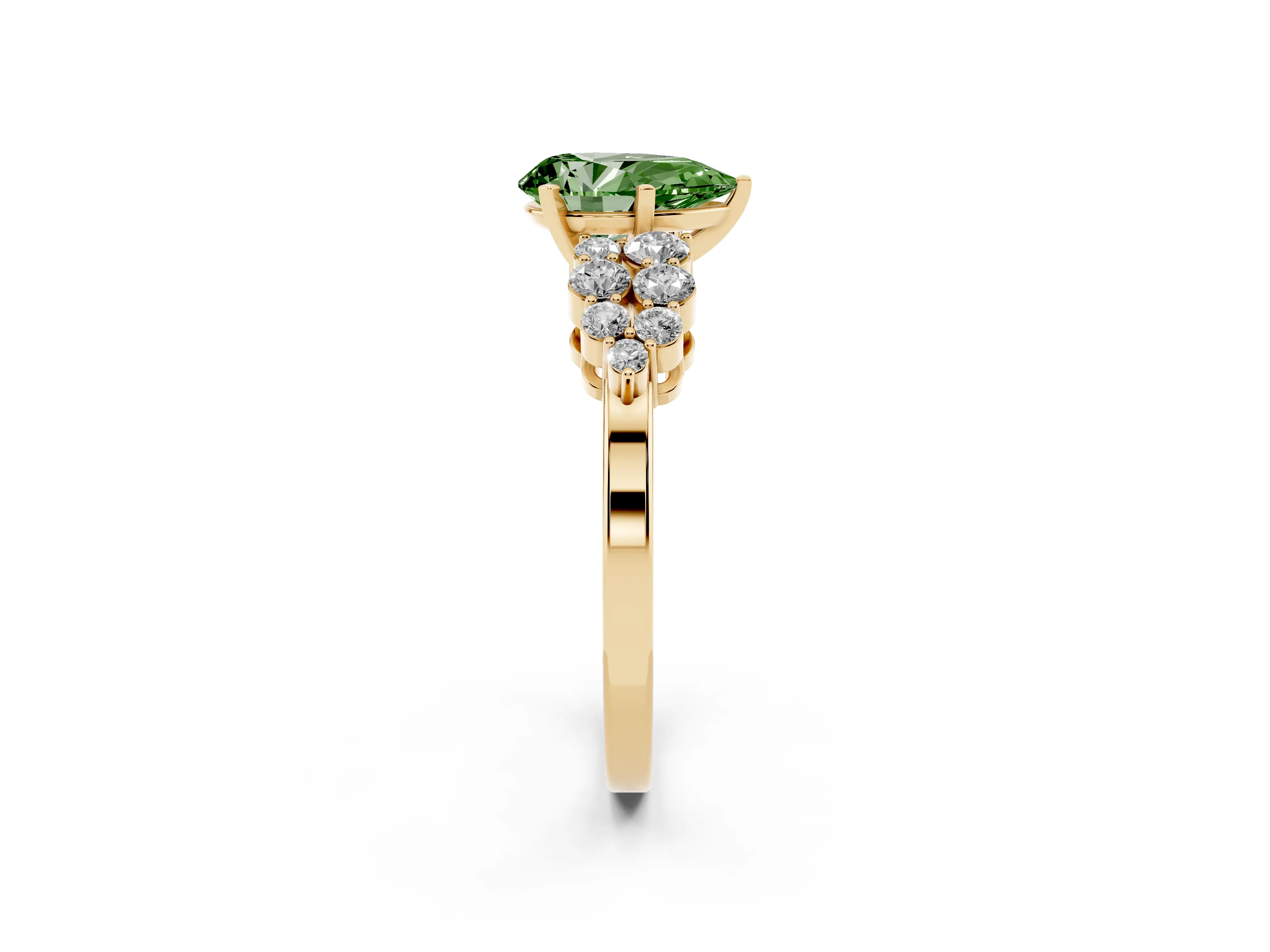 Fancy Green Pear Cut Diamond Cluster Engagement Ring Set in Yellow gold with Pavé Band and Prong Setting
