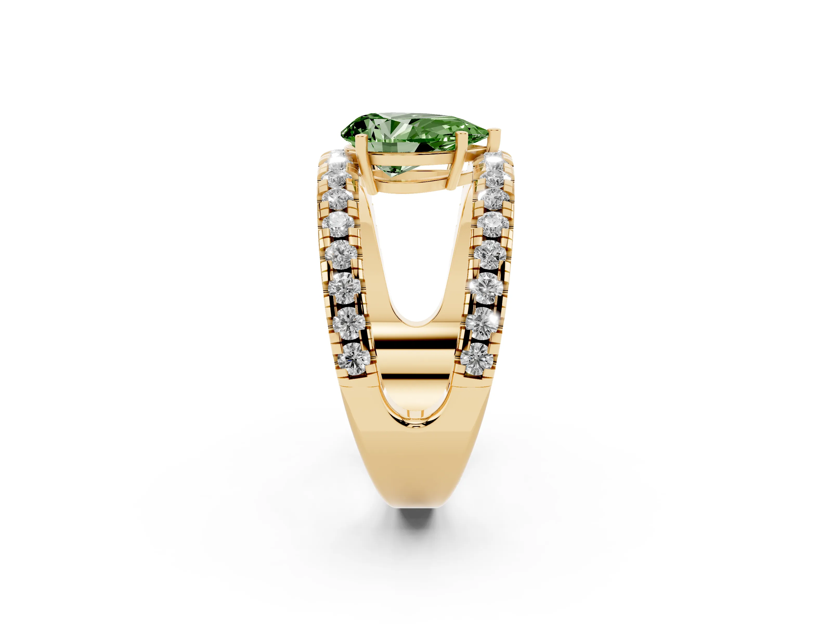 Fancy Green Pear Cut Diamond Split Shank Pavé Solitaire Ring Set in Yellow gold with Open Shank Design