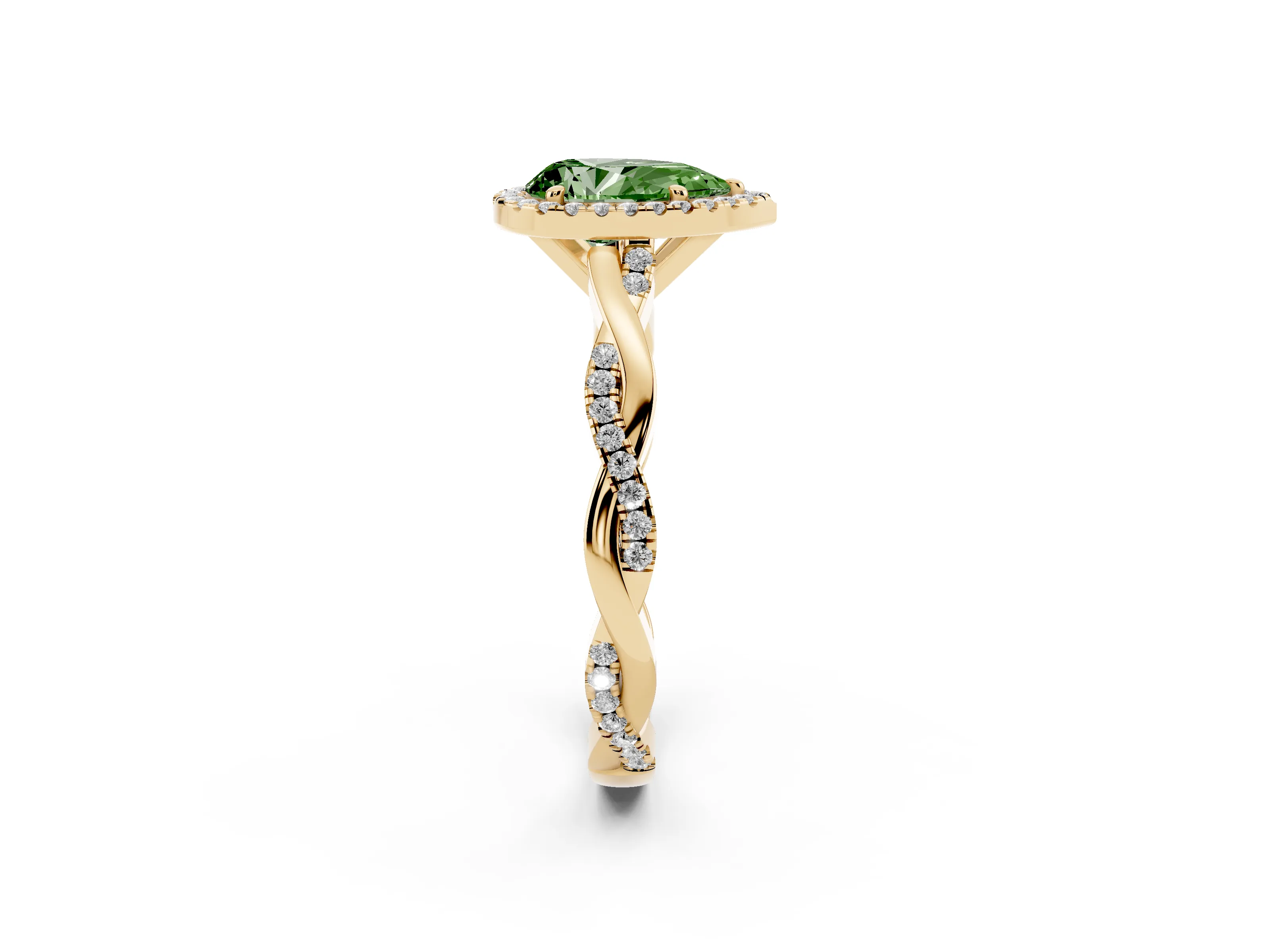 Fancy Green Pear Cut Diamond Halo Twisted Band Ring Set in Yellow gold with Prong Setting