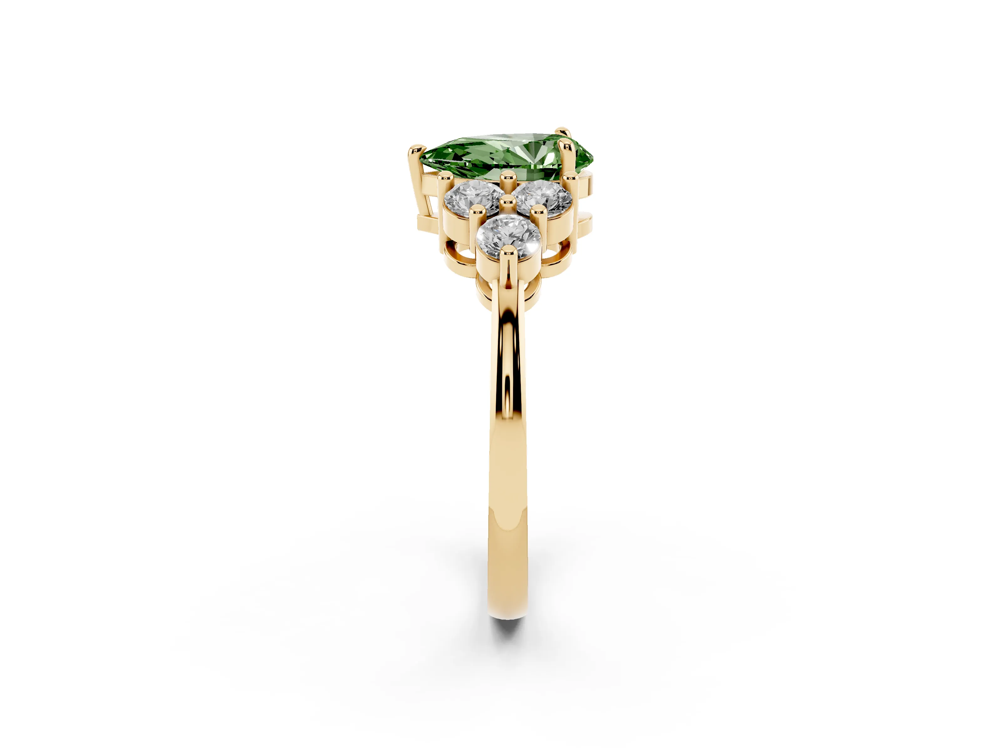 Fancy Green Pear Cut Diamond Solitaire Ring Set in Yellow gold with Cluster Accents on Each Side