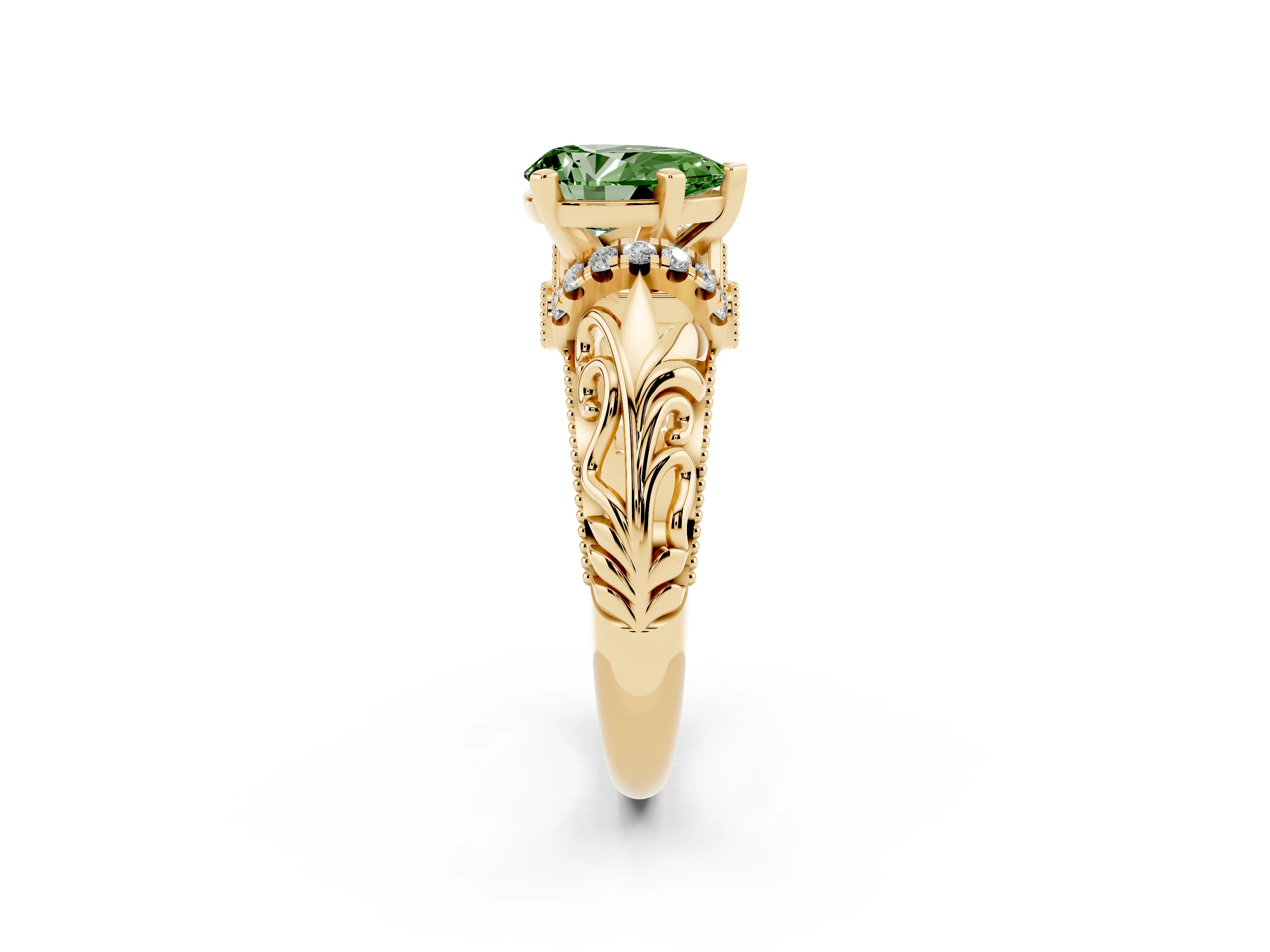 Fancy Green Pear Cut Diamond Filigree Halo Engagement Ring Set in Yellow gold with Prong Setting