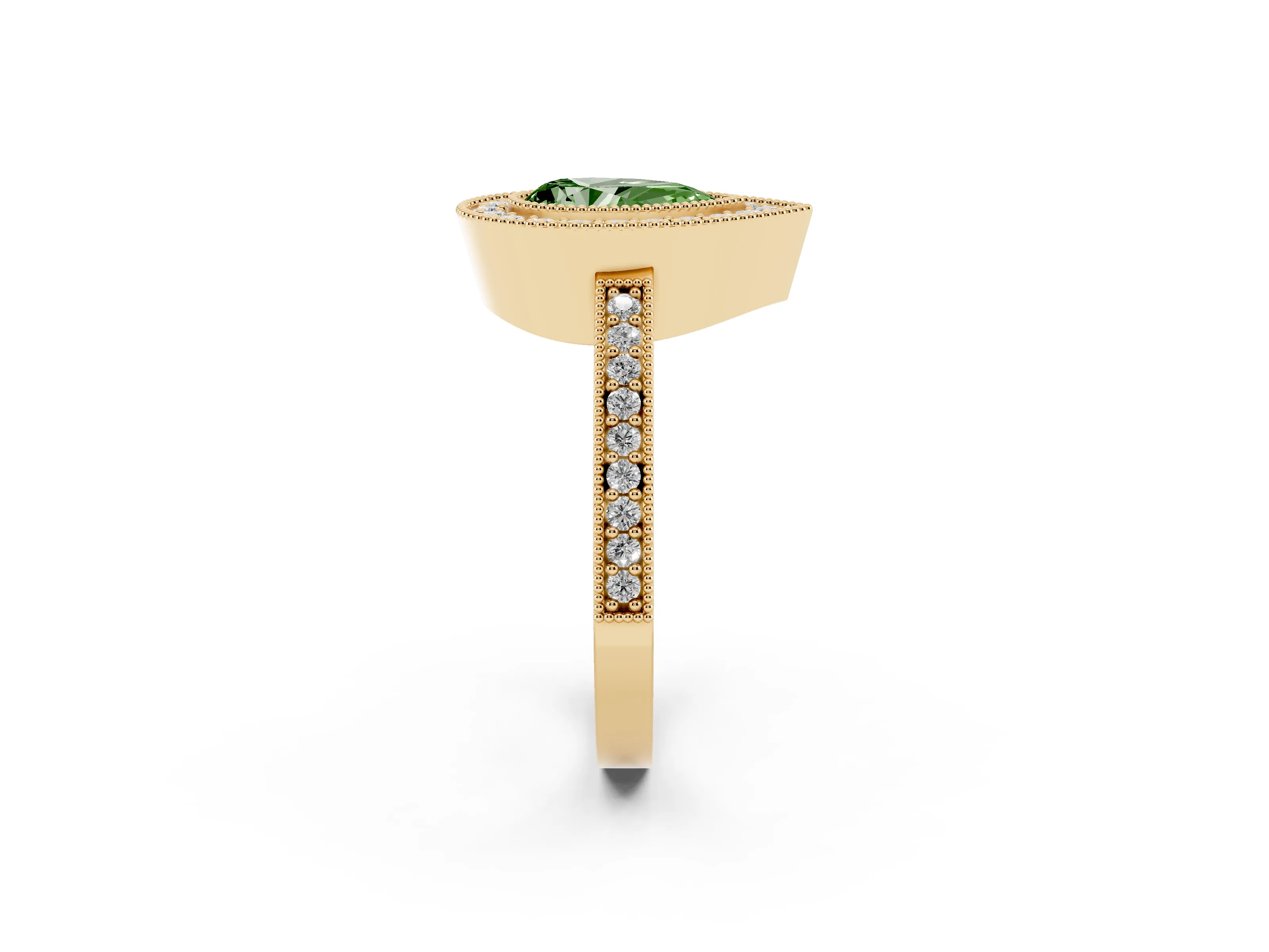 Fancy Green Pear Cut Diamond Halo Engagement Ring Set in Yellow gold with Pavé Band and Round Halo Stones