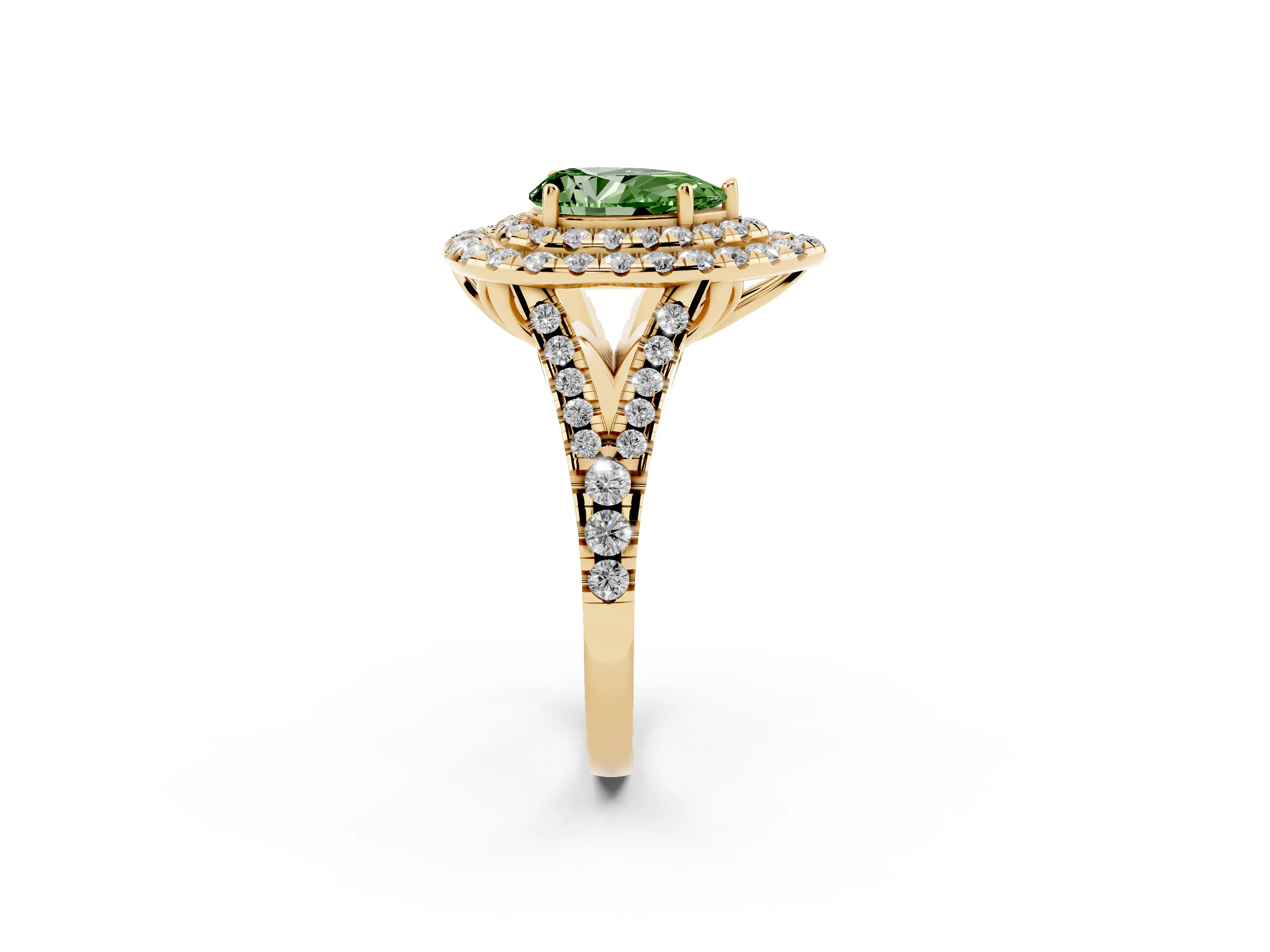 Fancy Green Pear Cut Diamond Double Halo Ring Set in Yellow gold with Pavé Split Shank and Prong Setting