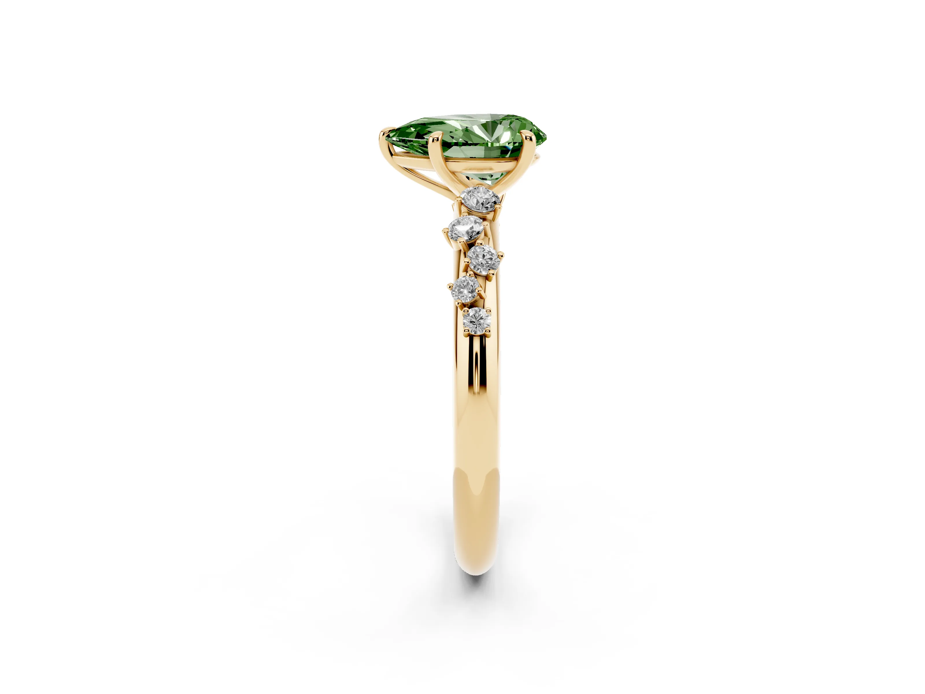 Fancy Green Pear Cut Diamond Cluster Solitaire Ring Set in Yellow gold with Prong Setting