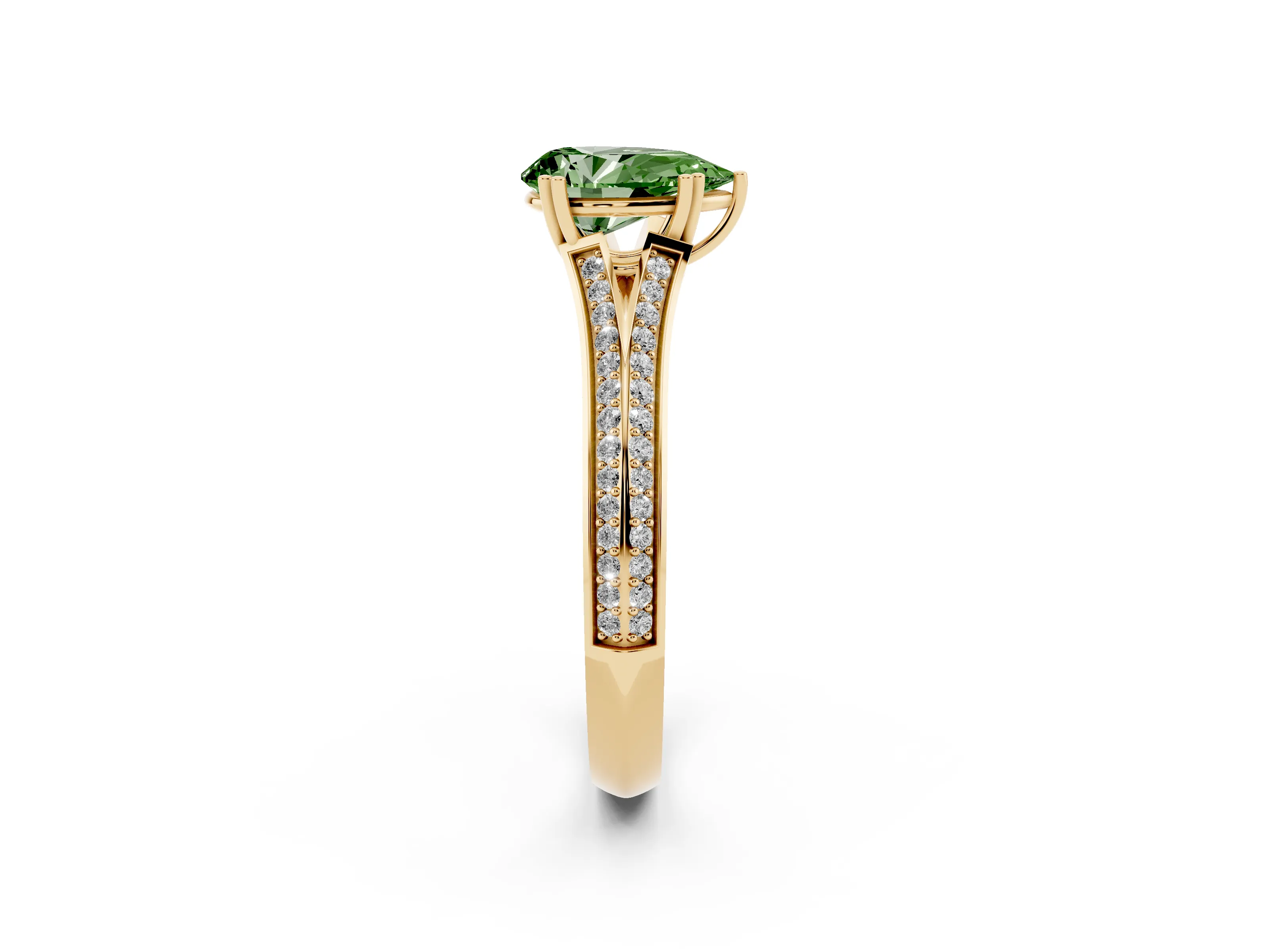 Fancy Green Pear Cut Diamond Split Shank Pavé Engagement Ring Set in Yellow gold with Prong-Set Center Stone