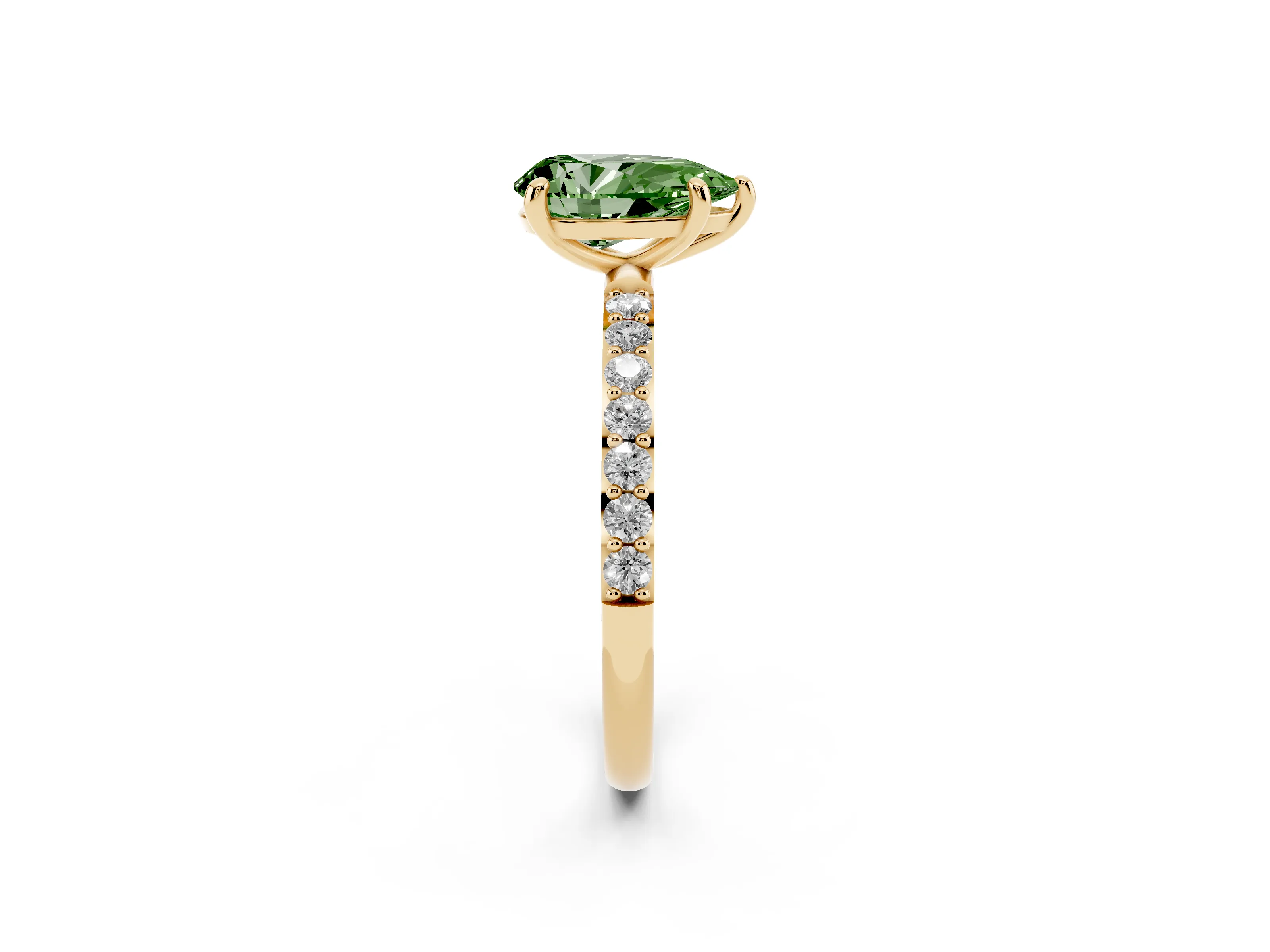 Fancy Green Pear Cut Diamond Solitaire Ring Set in Yellow gold with Round Pavé Band and Prong Setting