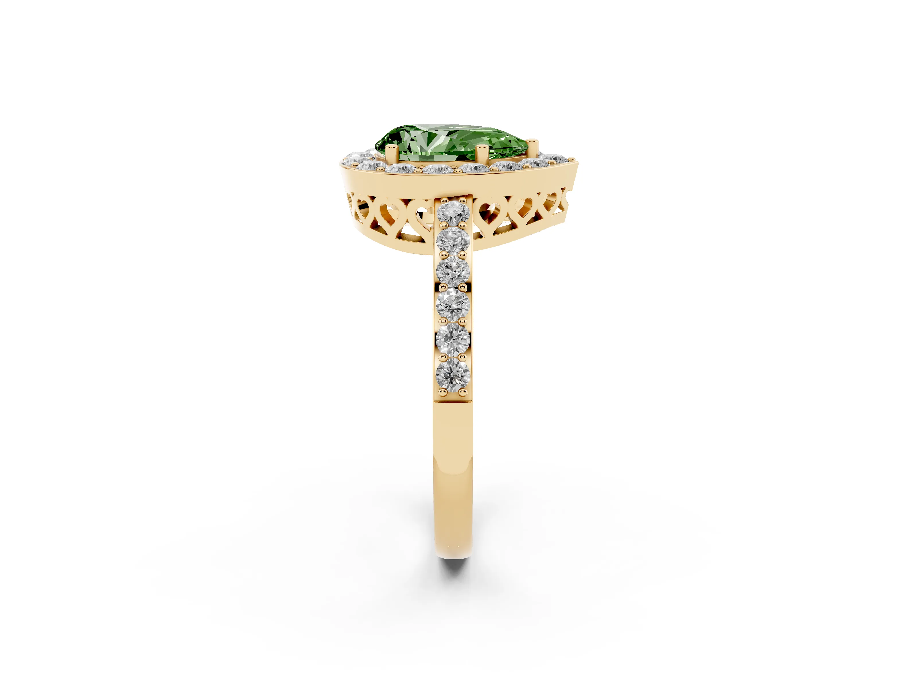 Fancy Green Pear Cut Diamond Halo Ring Set in Yellow gold with Pavé-Setting Band and Open Prong Center