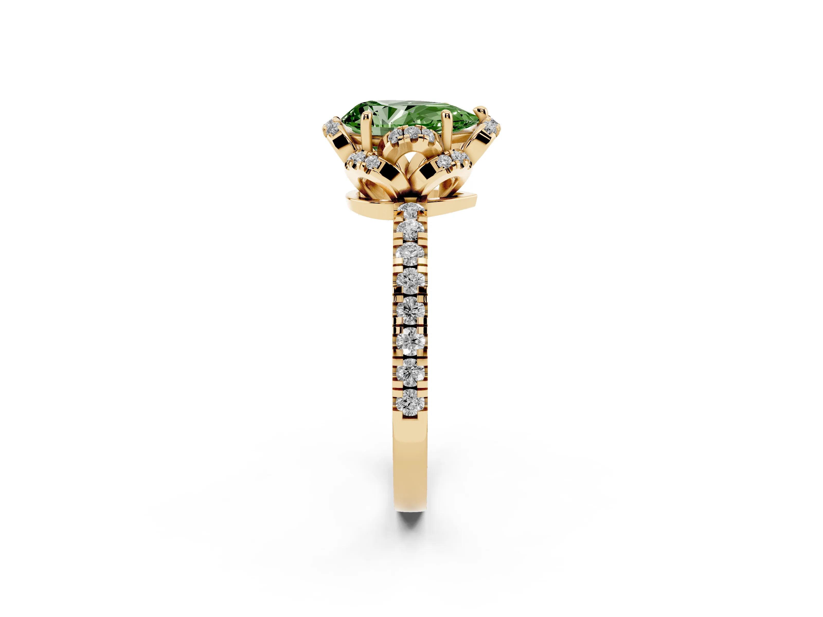 Fancy Green Pear Cut Diamond Halo Pavé Band Ring Set in Yellow gold with Prong-Held Center