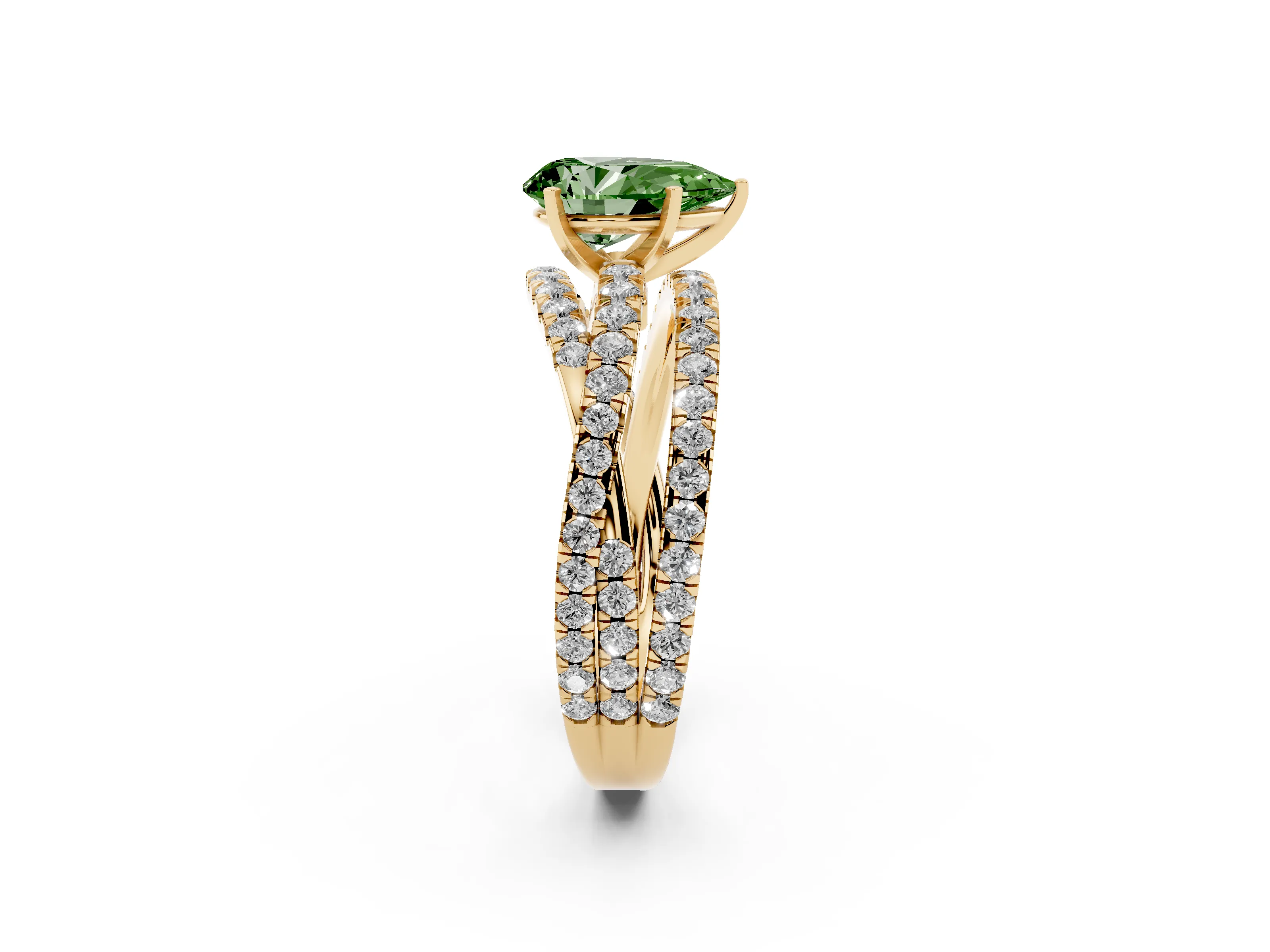 Fancy Green Pear Cut Diamond Solitaire Twist Band Ring Set in Yellow gold with Pavé Setting and Prong Head