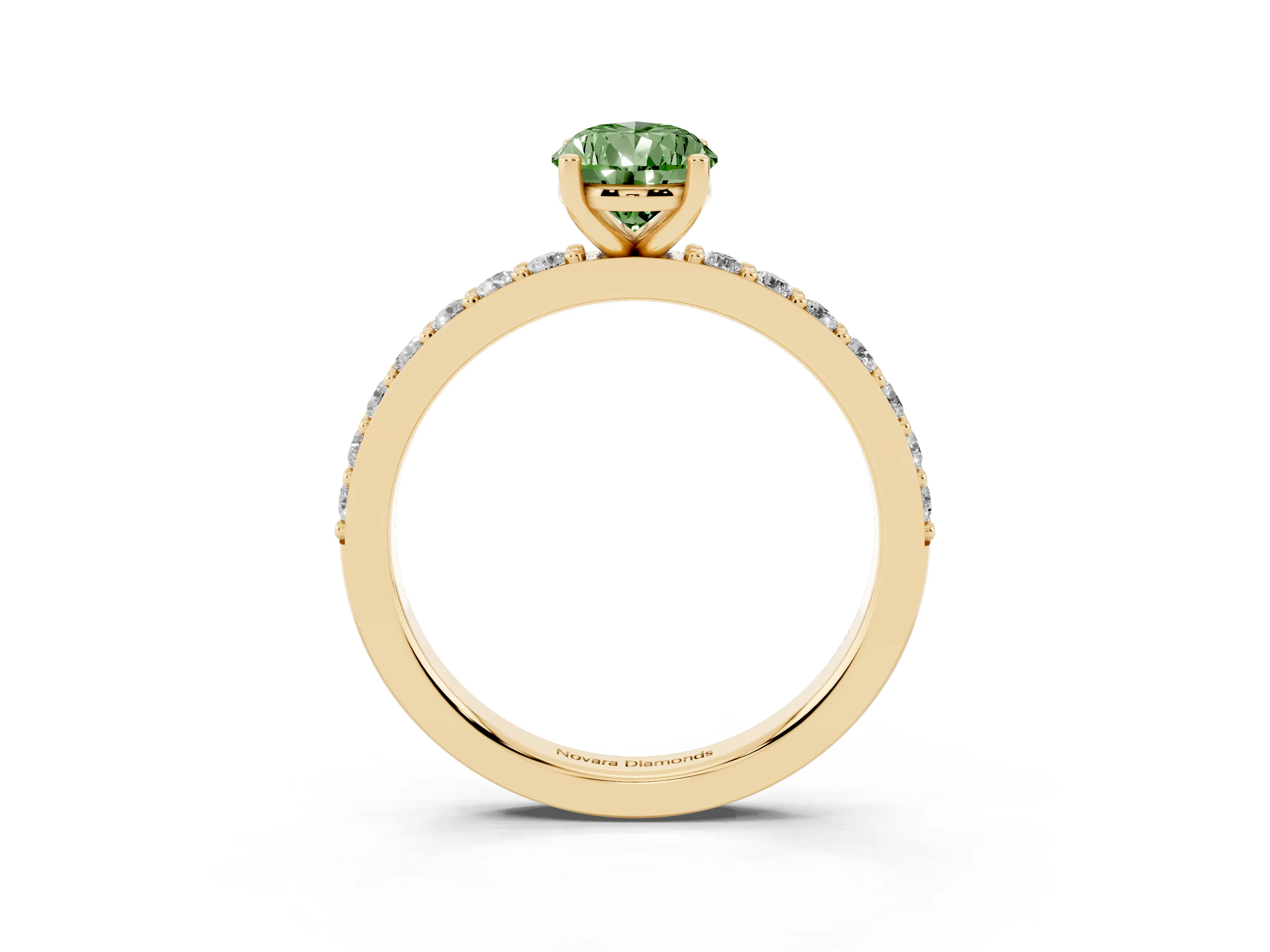 Fancy Green Pear Cut Diamond Solitaire Set in Yellow gold with Round Pavé Band and Prong Setting