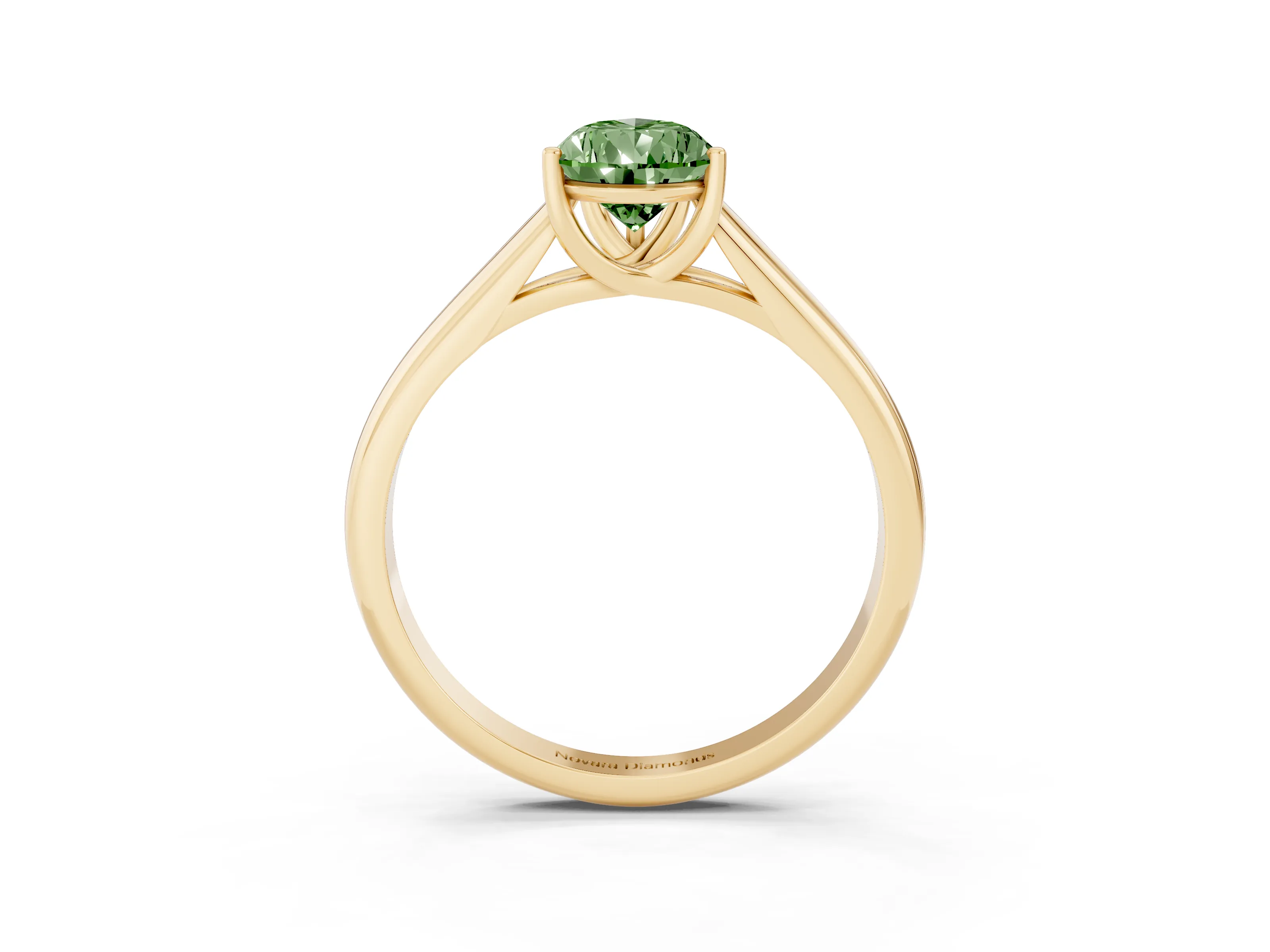 Fancy Green Pear Cut Diamond Solitaire Engagement Ring Set in Yellow gold with Subtly Tapered Band and Prong Setting