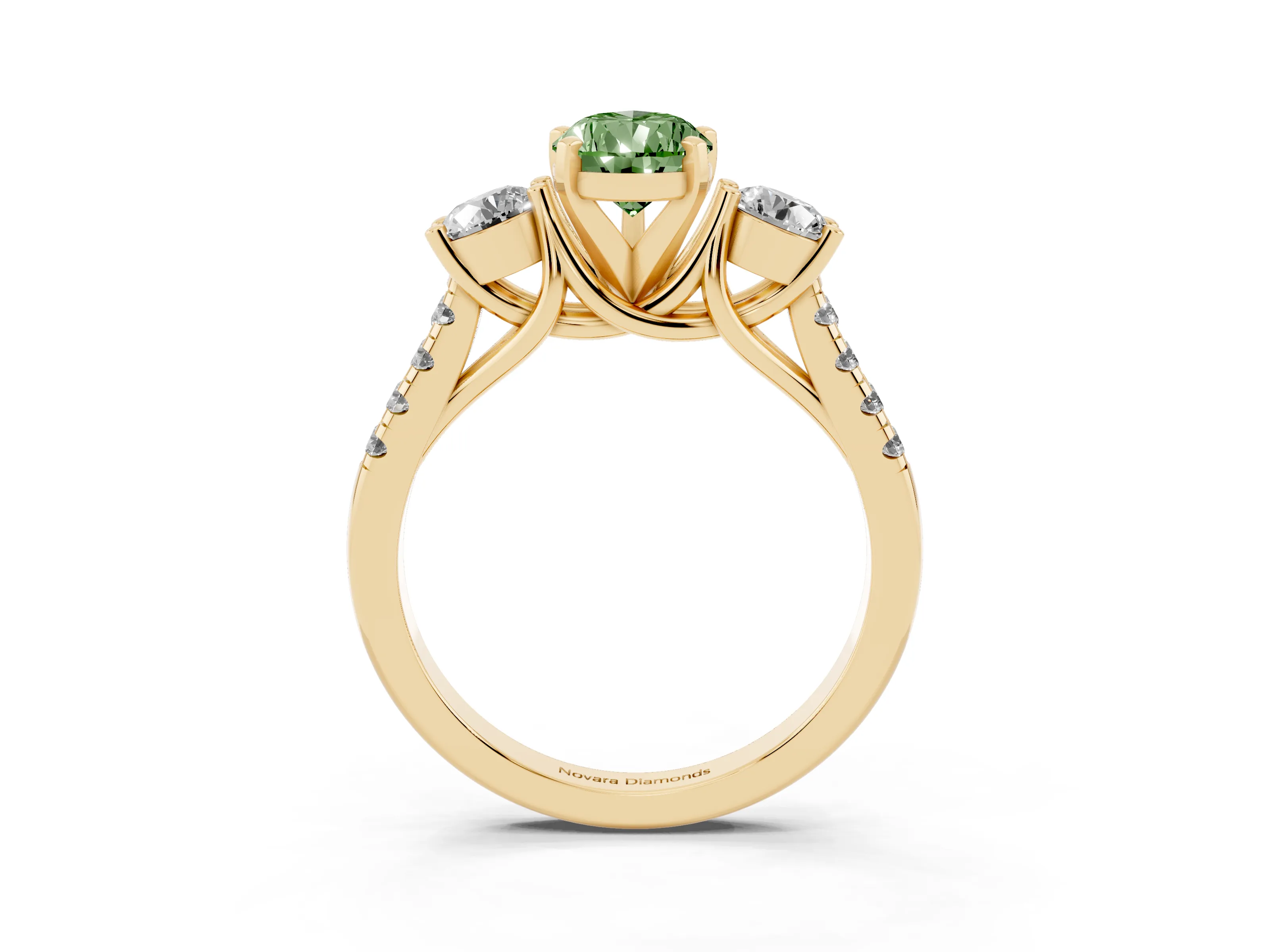 Fancy Green Three-Stone Pear Cut Diamond Pavé Band Ring Set in Yellow gold with Prong-Set Trio