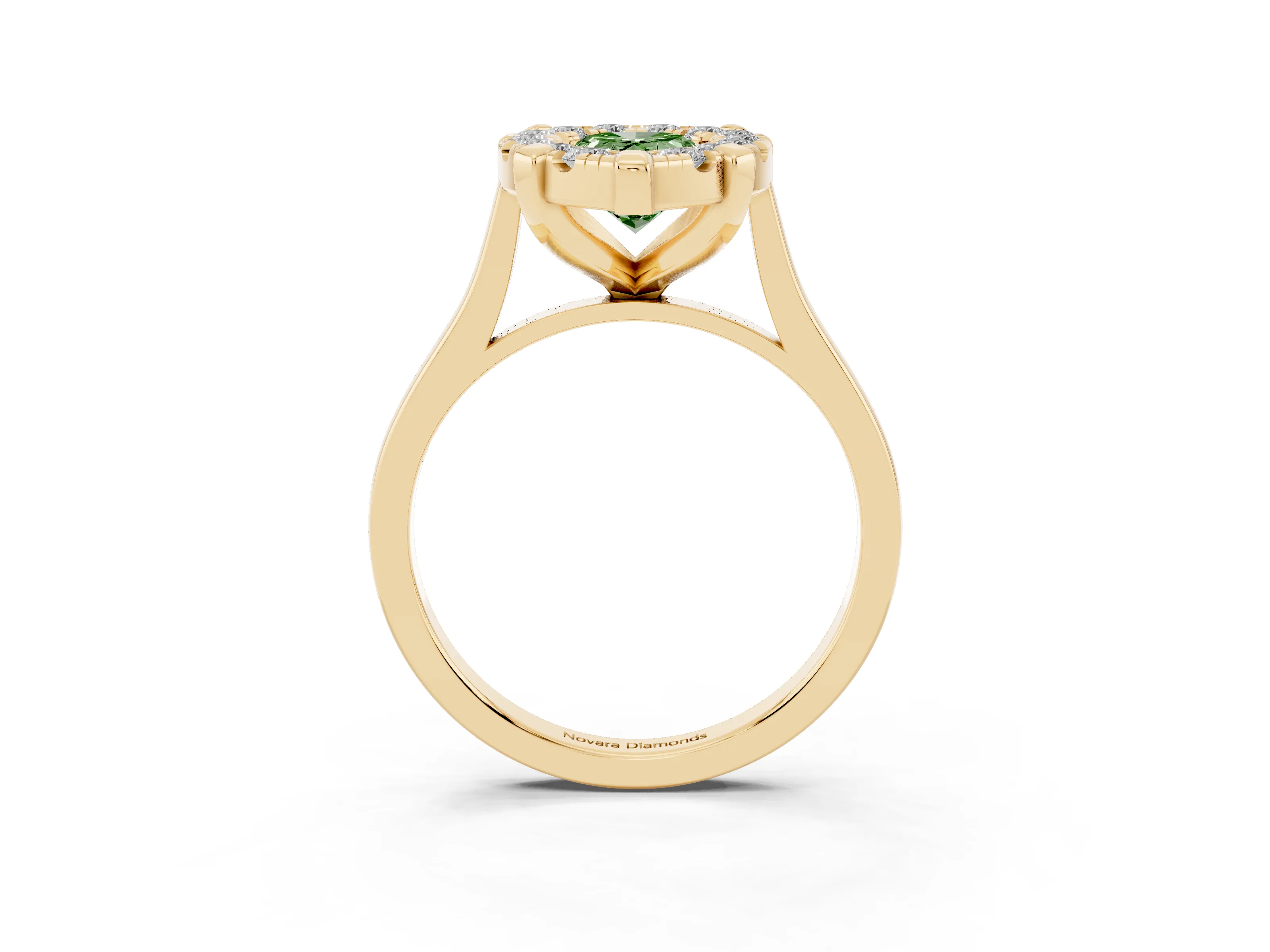 Fancy Green Pear Cut Diamond Cluster Halo Solitaire Ring Set in Yellow gold with Prong Setting