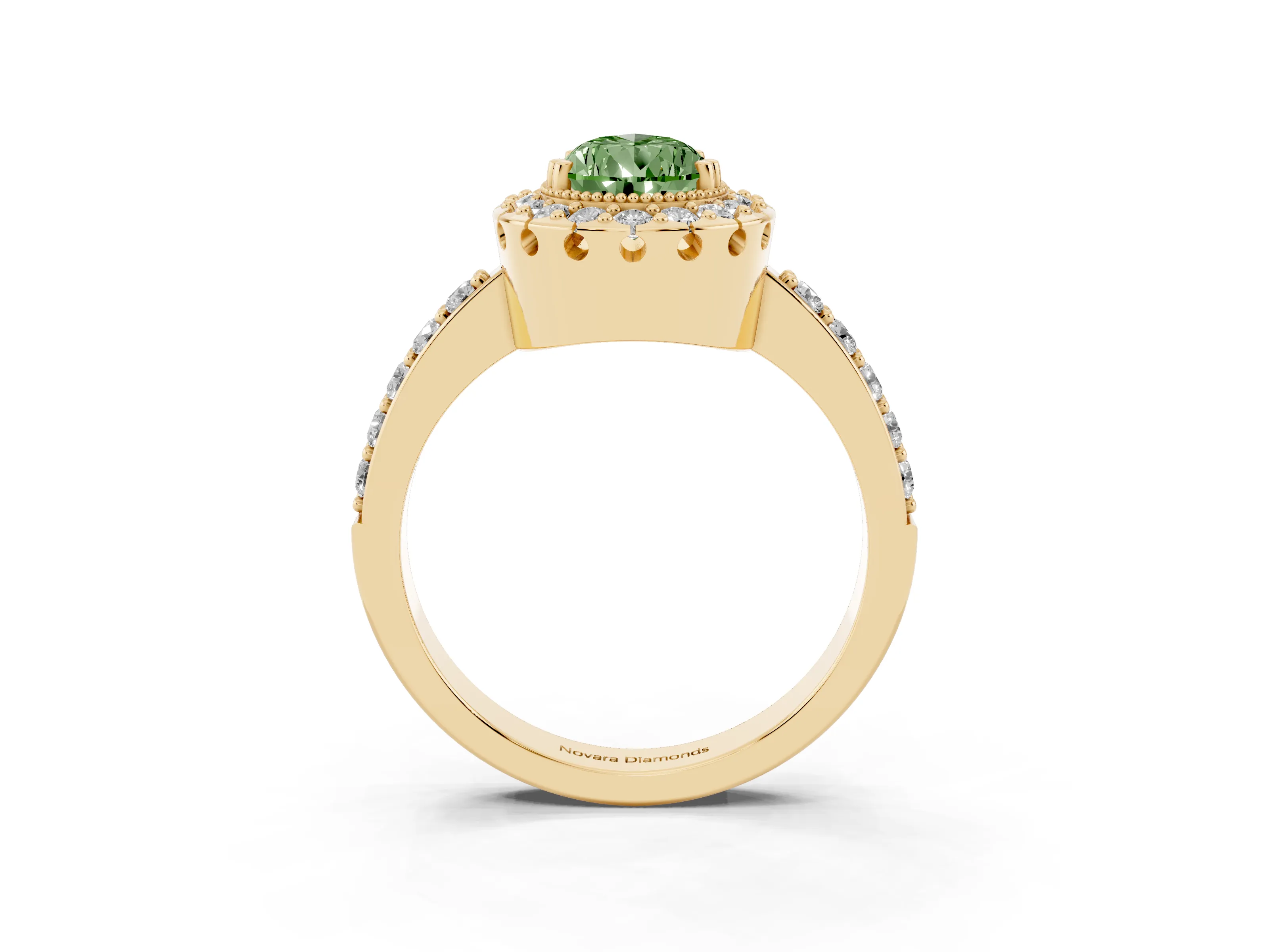 Fancy Green Pear Cut Diamond Halo Ring Set in Yellow gold with Pavé Shank and Prong Setting