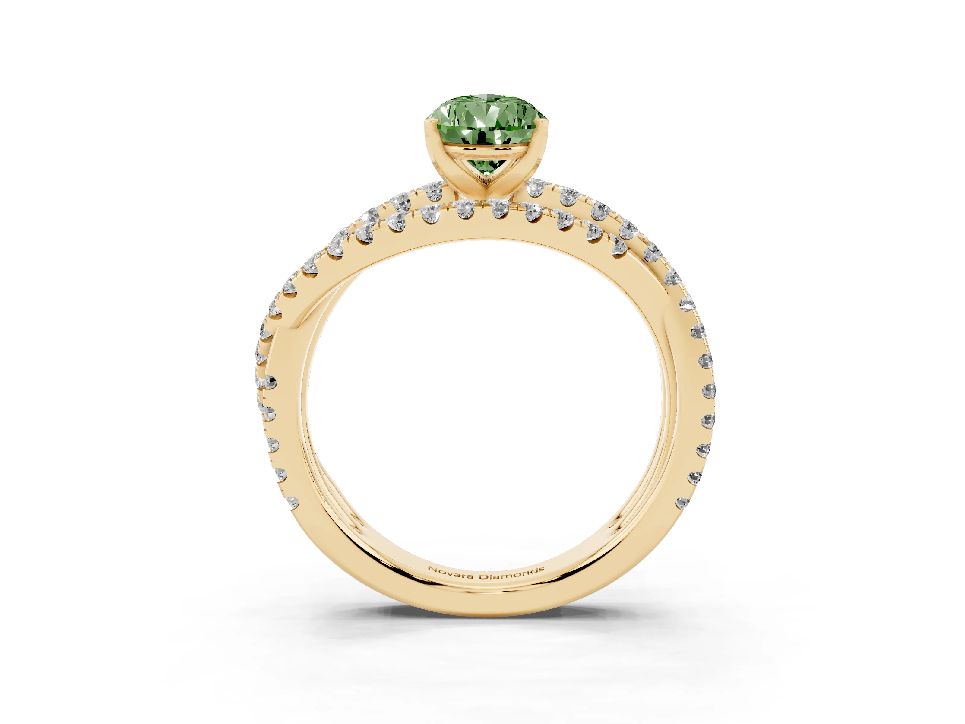 Fancy Green Pear Cut Diamond Solitaire Twist Band Ring Set in Yellow gold with Pavé Setting and Prong Head