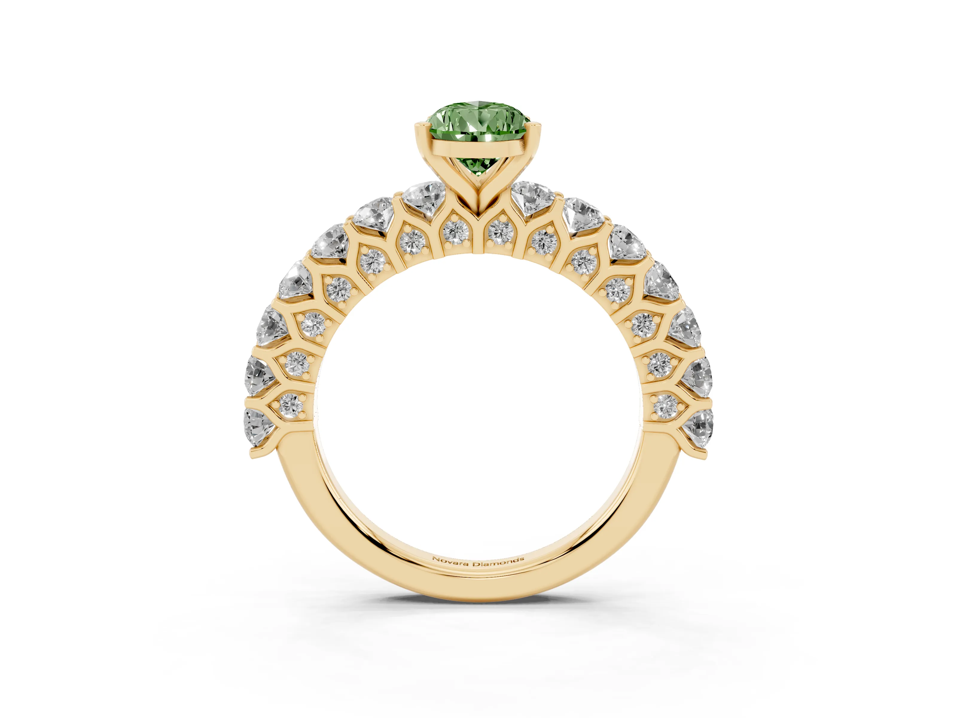Fancy Green Pear Cut Diamond Solitaire Ring Set in Yellow gold with Shared Prong Pavé Band