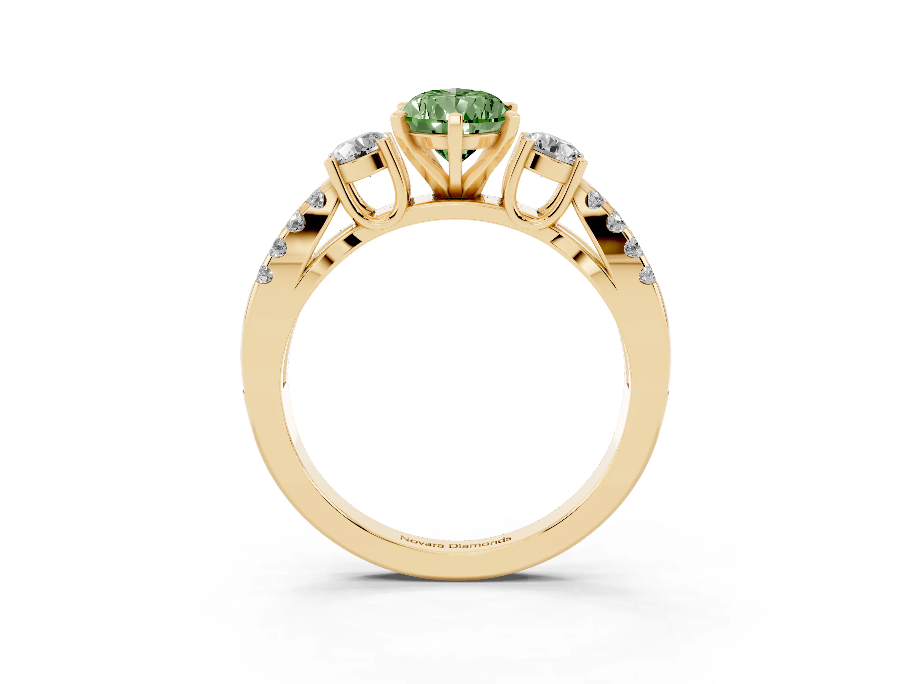 Fancy Green Pear Cut Diamond Three-Stone Ring Set in Yellow gold with Pavé Split Shank and Prong Setting