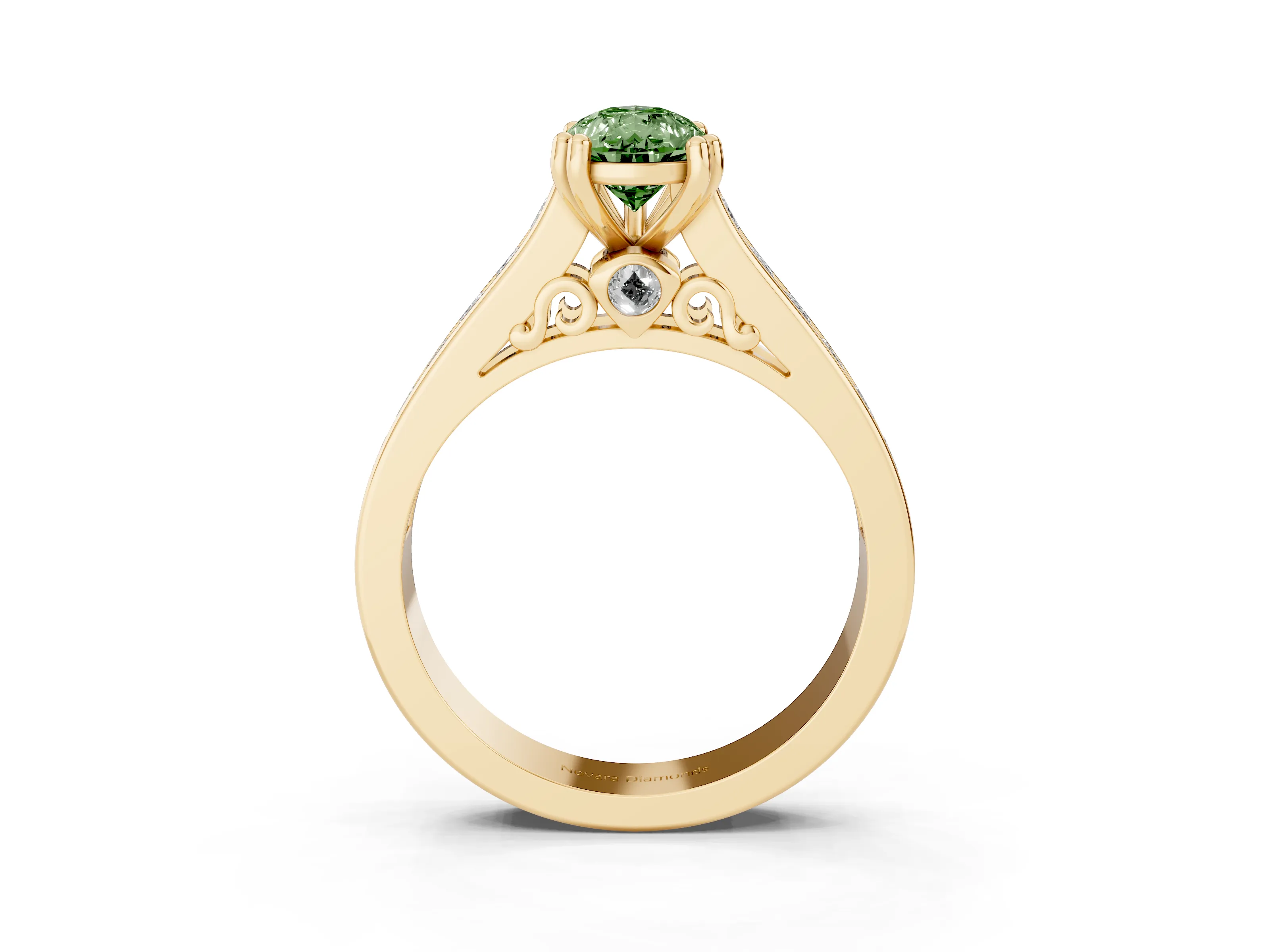 Fancy Green Pear Cut Diamond Channel Set Solitaire Engagement Ring Set in Yellow gold with Prong Setting
