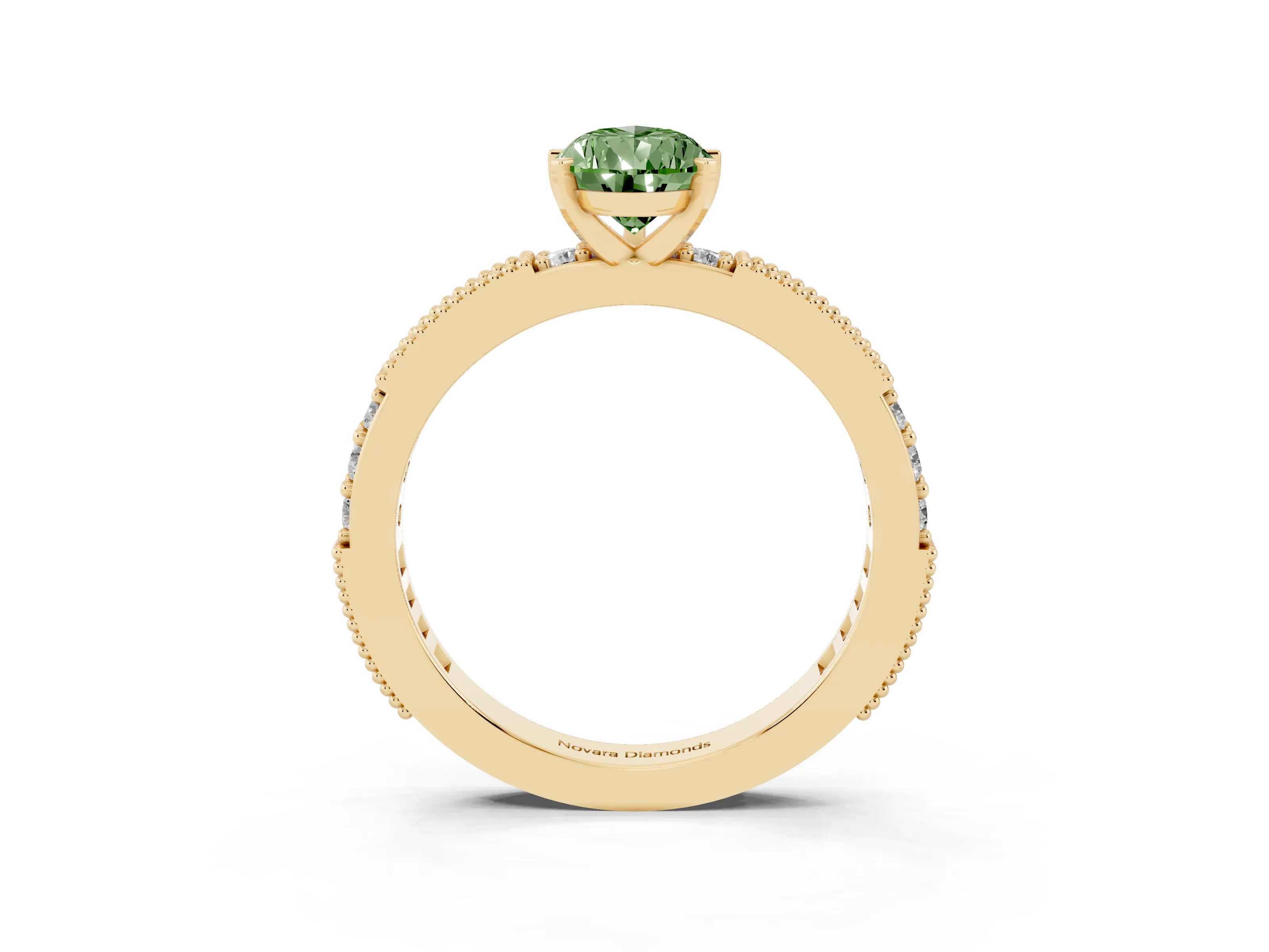 Fancy Green Pear Cut Diamond Solitaire Ring Set in Yellow gold with Slim Pavé Band and Prong Setting