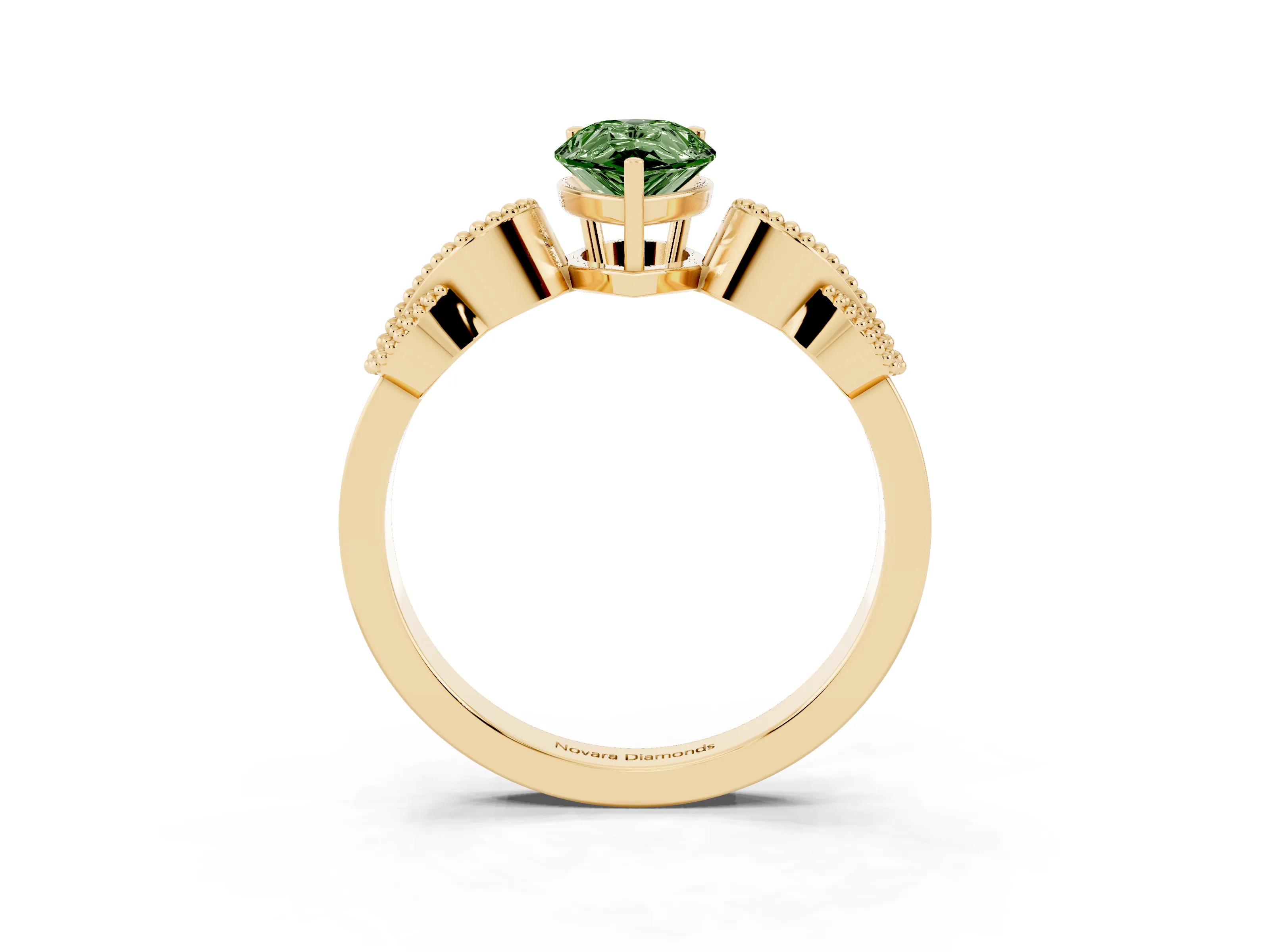 Fancy Green Pear Cut Diamond Milgrain Leaf Band Solitaire Ring Set in Yellow gold with Accent Stones and Prong Setting