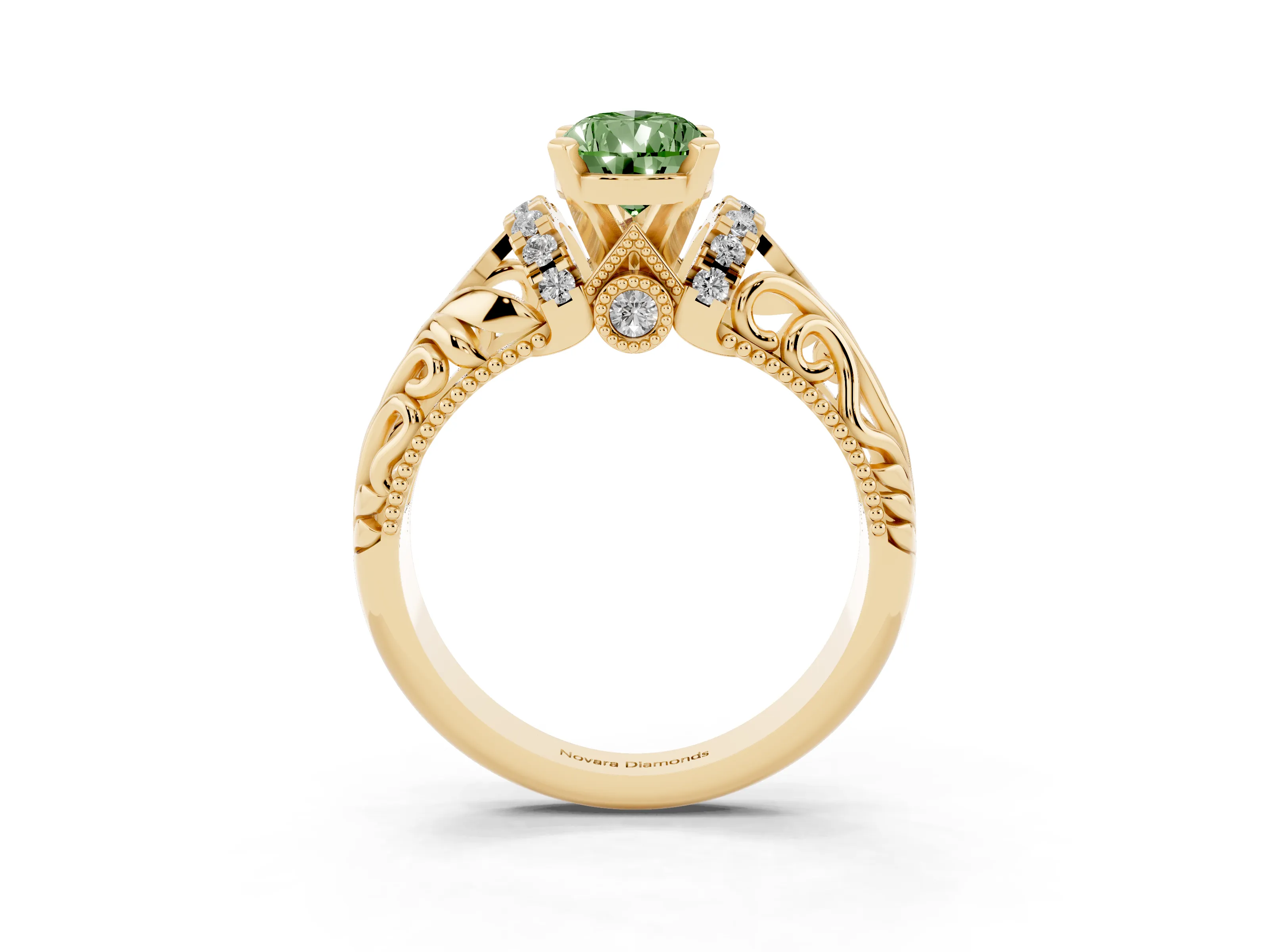 Fancy Green Pear Cut Diamond Filigree Halo Engagement Ring Set in Yellow gold with Prong Setting