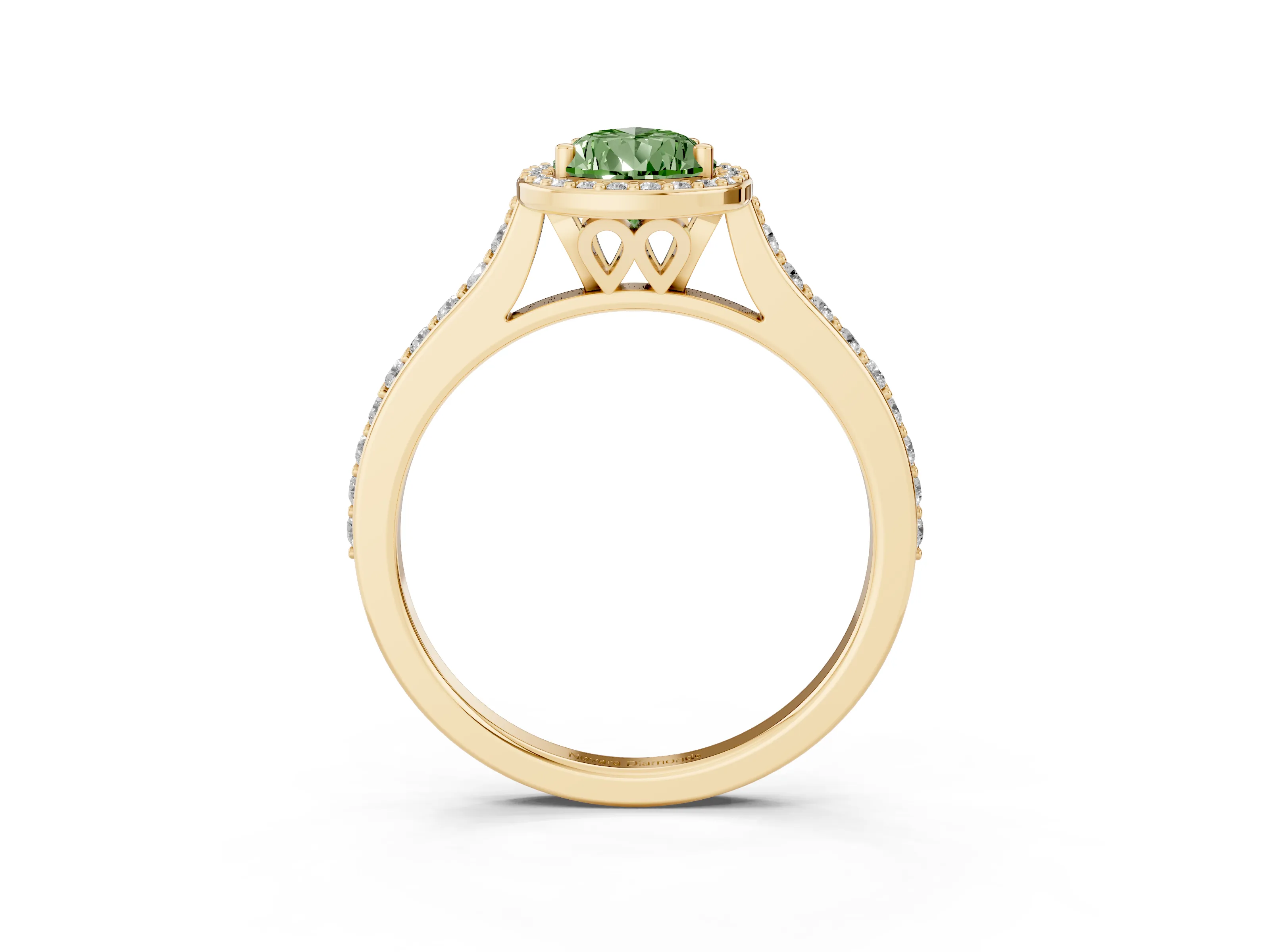 Fancy Green Pear Cut Diamond Halo Engagement Ring Set in Yellow gold with Round Pavé Shoulders and Heart Gallery