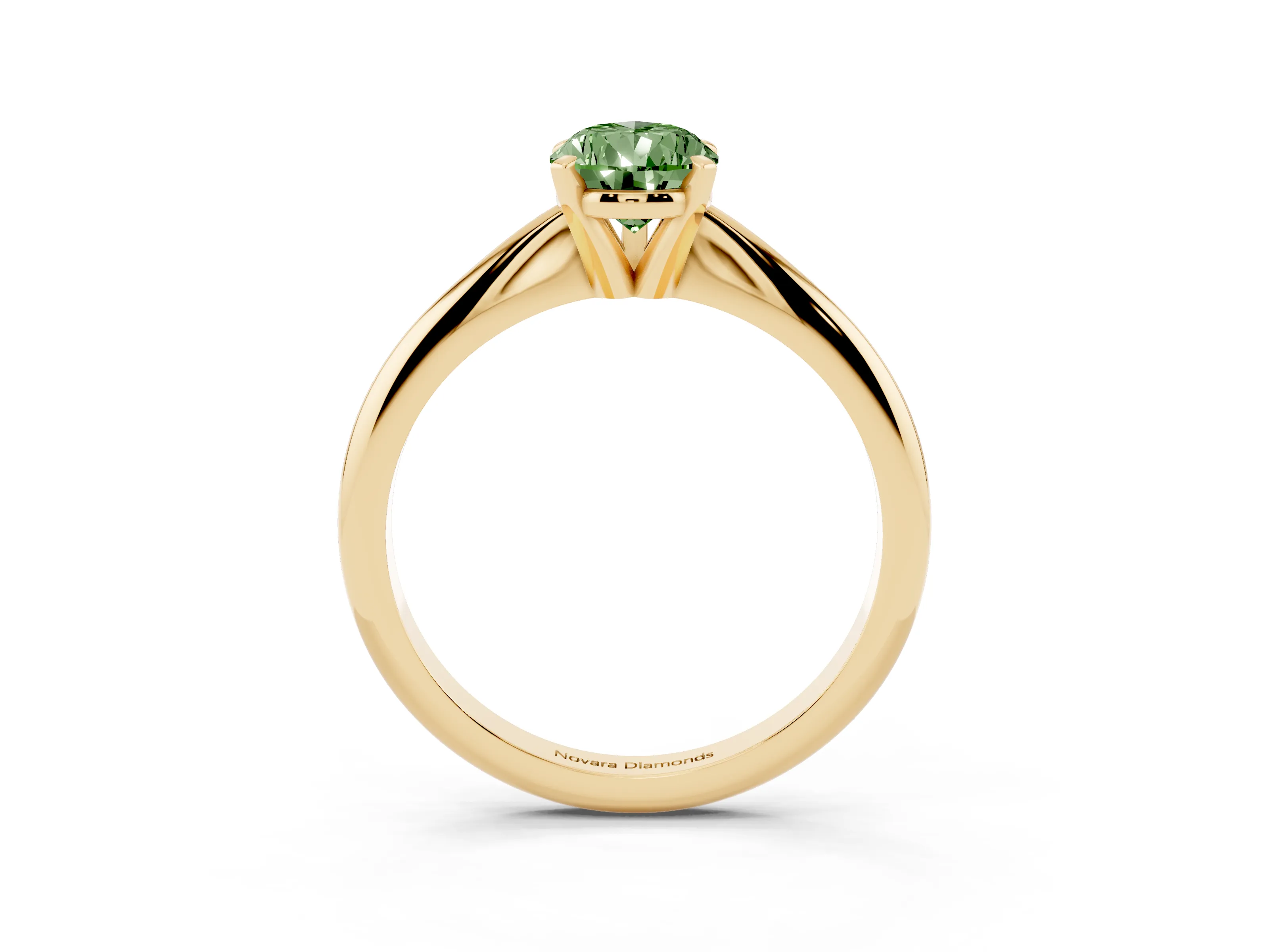 Fancy Green Pear Cut Diamond Solitaire Ring Set in Yellow gold with Prong Setting on a Plain Round Band