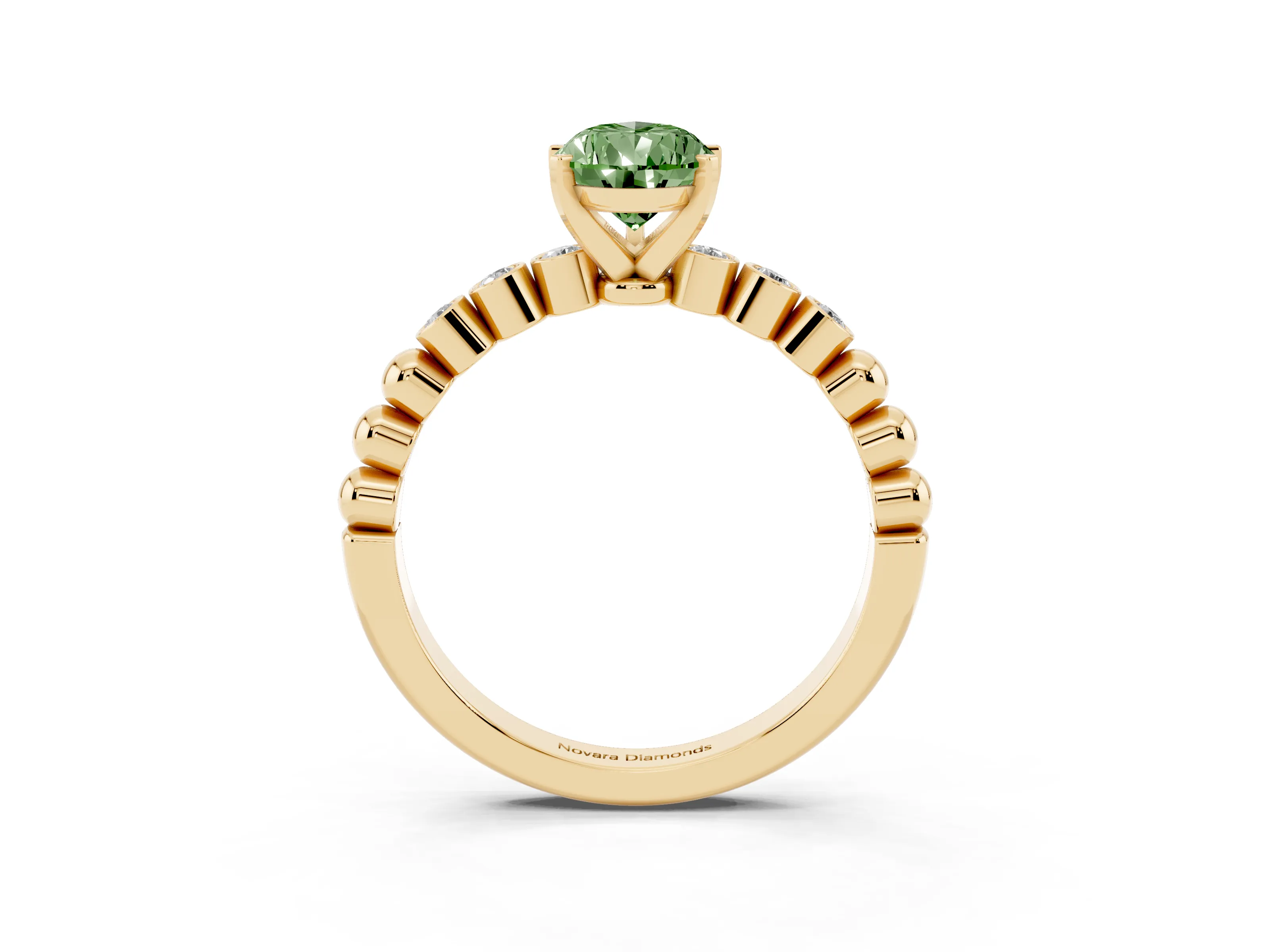 Fancy Green Pear Cut Diamond Solitaire Engagement Ring Set in Yellow gold with Bezel Accents on Beaded Band