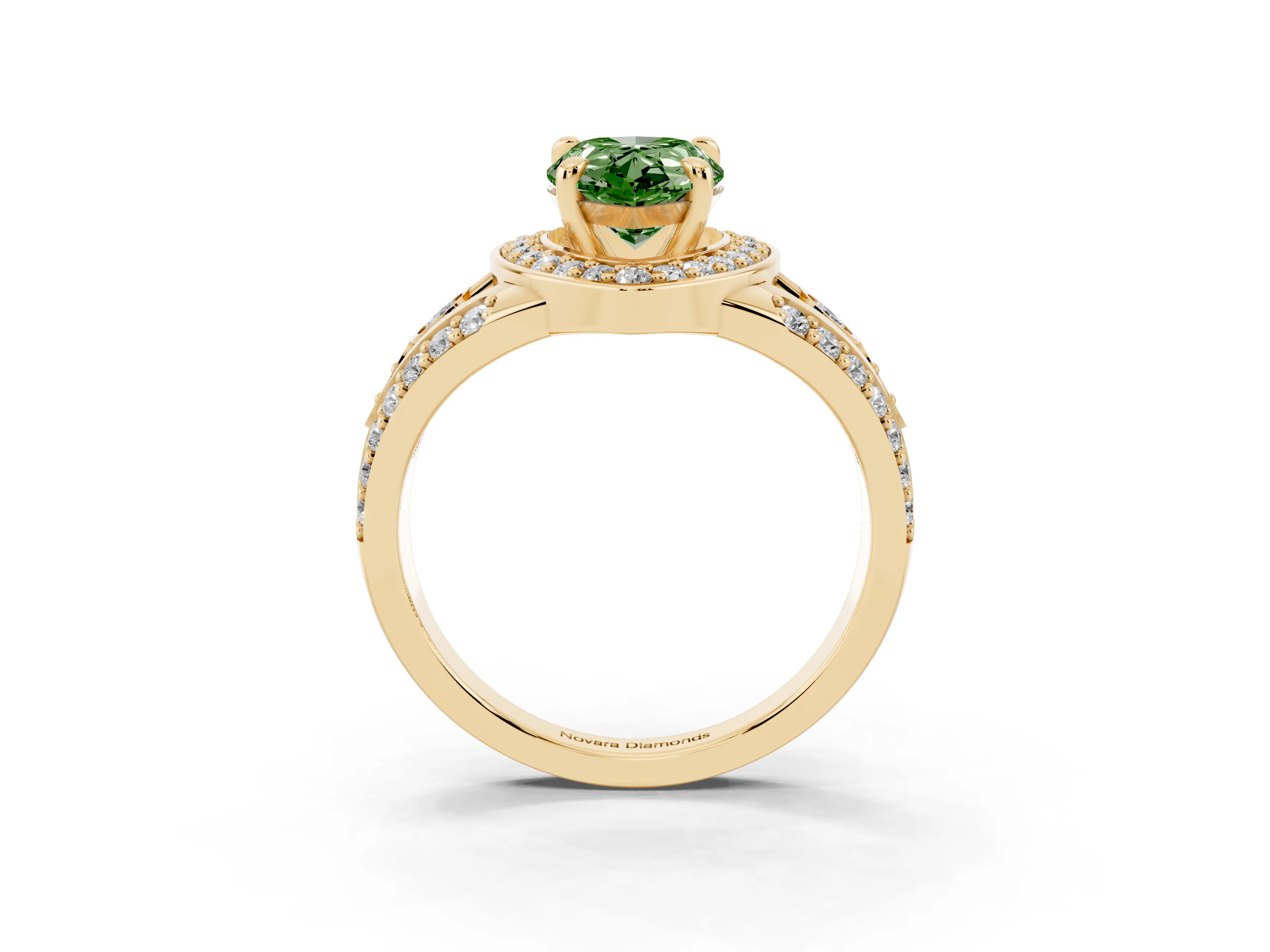 Fancy Green Pear Cut Diamond Halo Ring Set in Yellow gold with Pavé Split Shank and Bezel Accents