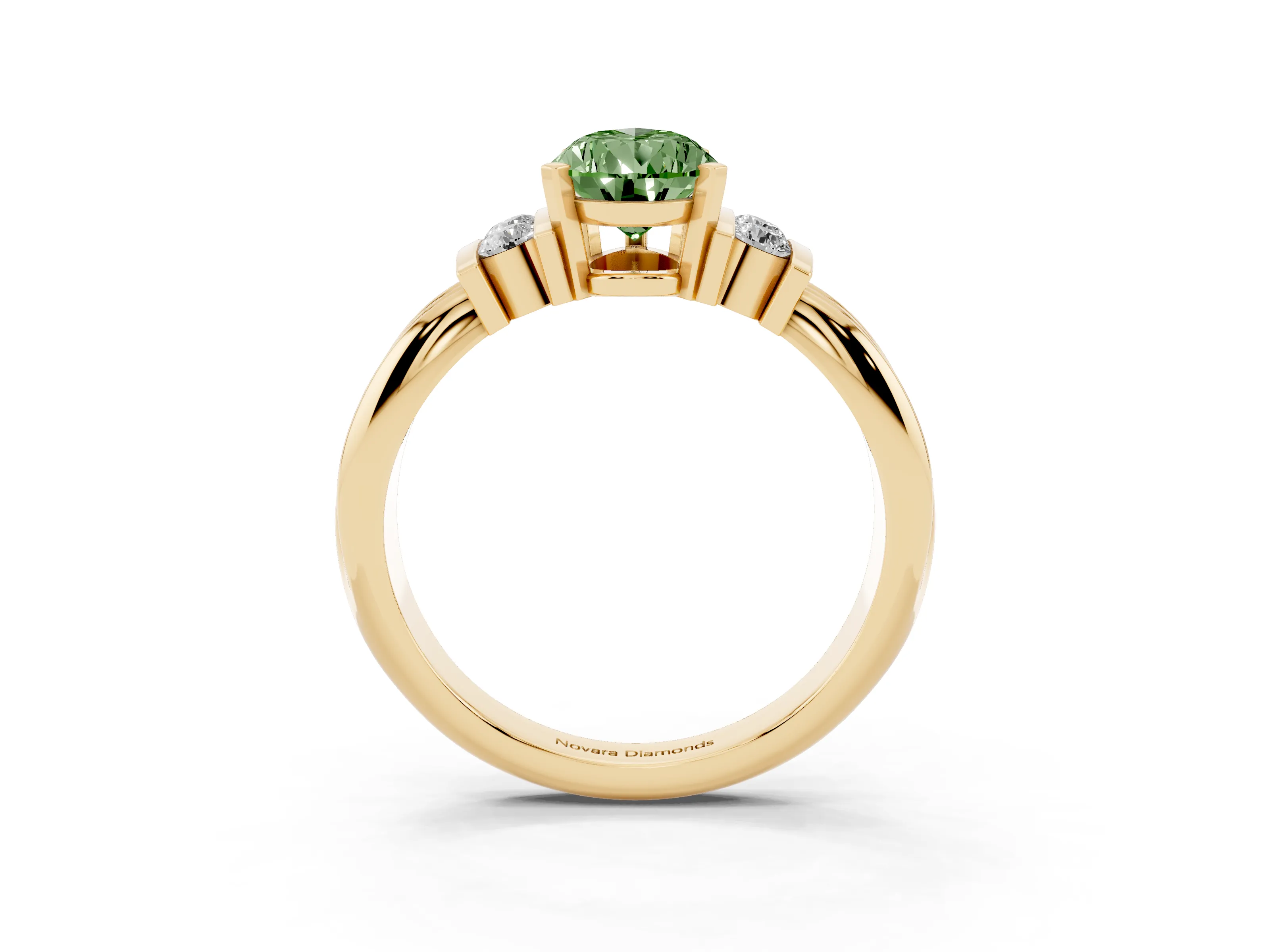 Fancy Green Three-Stone Pear Cut Diamond Channel Set Ring Set in Yellow gold with Bar Prongs