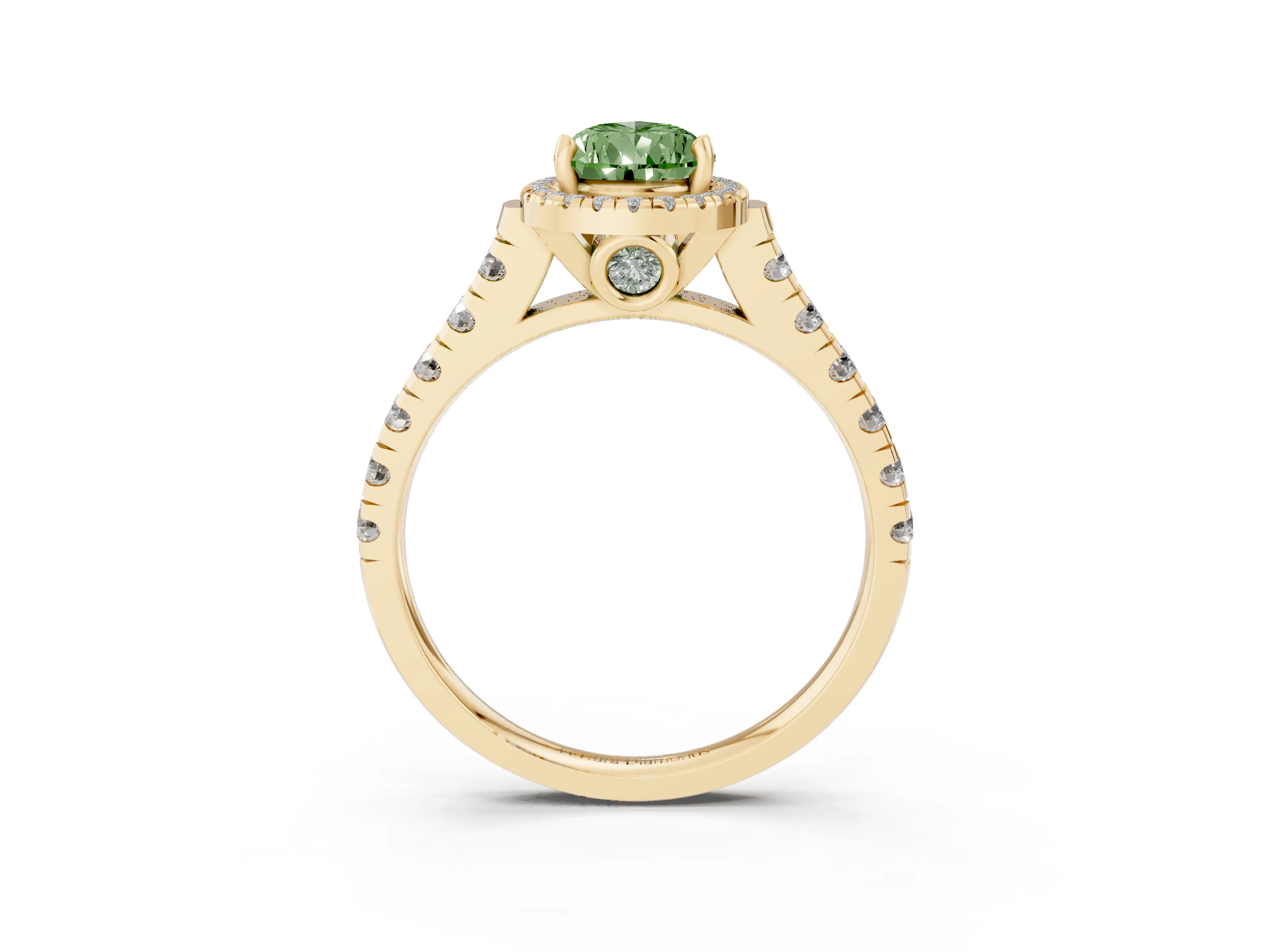 Fancy Green Pear Cut Diamond Halo Engagement Ring Set in Yellow gold with Pavé Band and Prong-Set Center