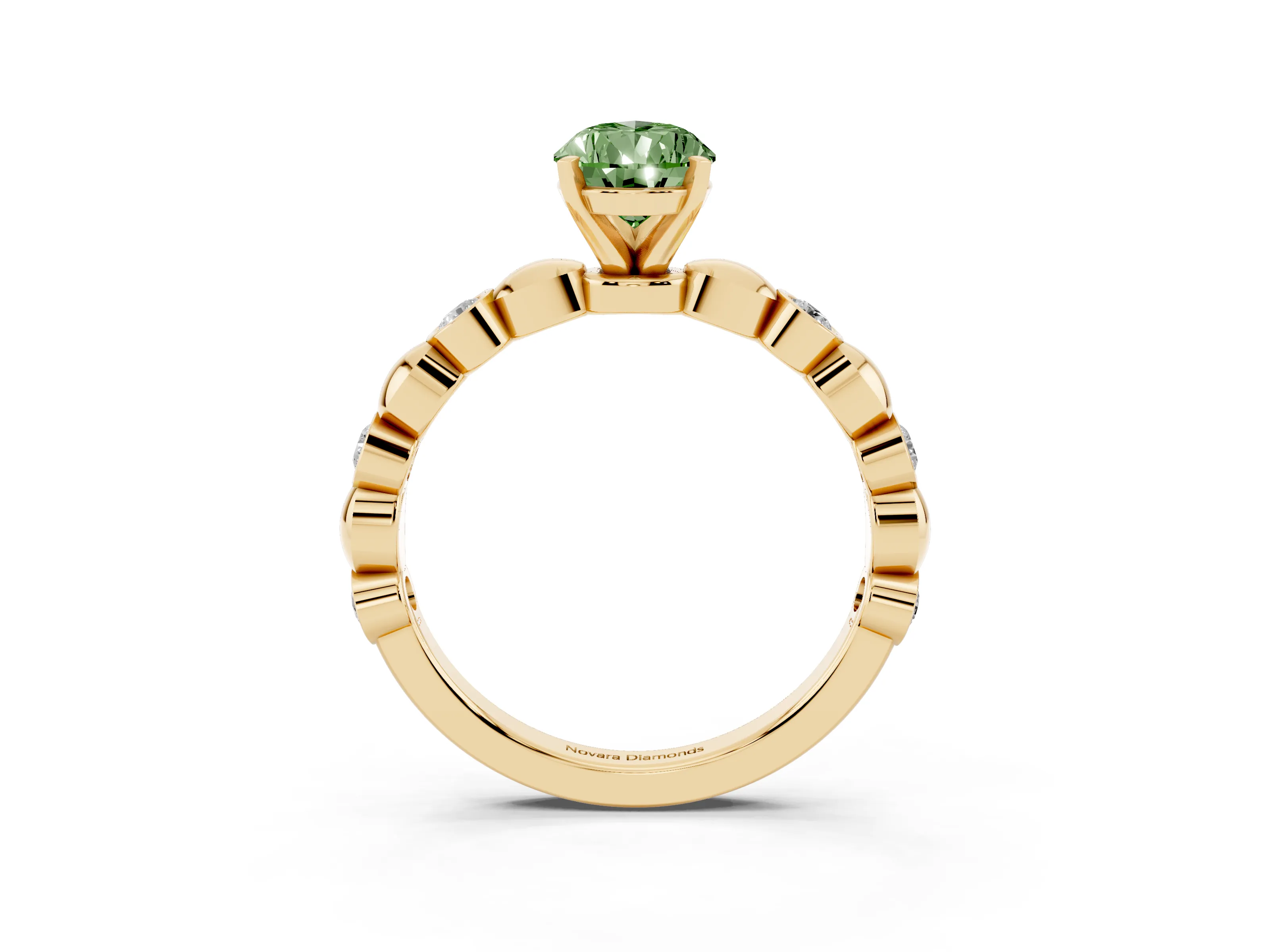 Fancy Green Pear Cut Diamond Solitaire Ring Set in Yellow gold with Bezel-Set Accents on Beaded Band and Prong Setting