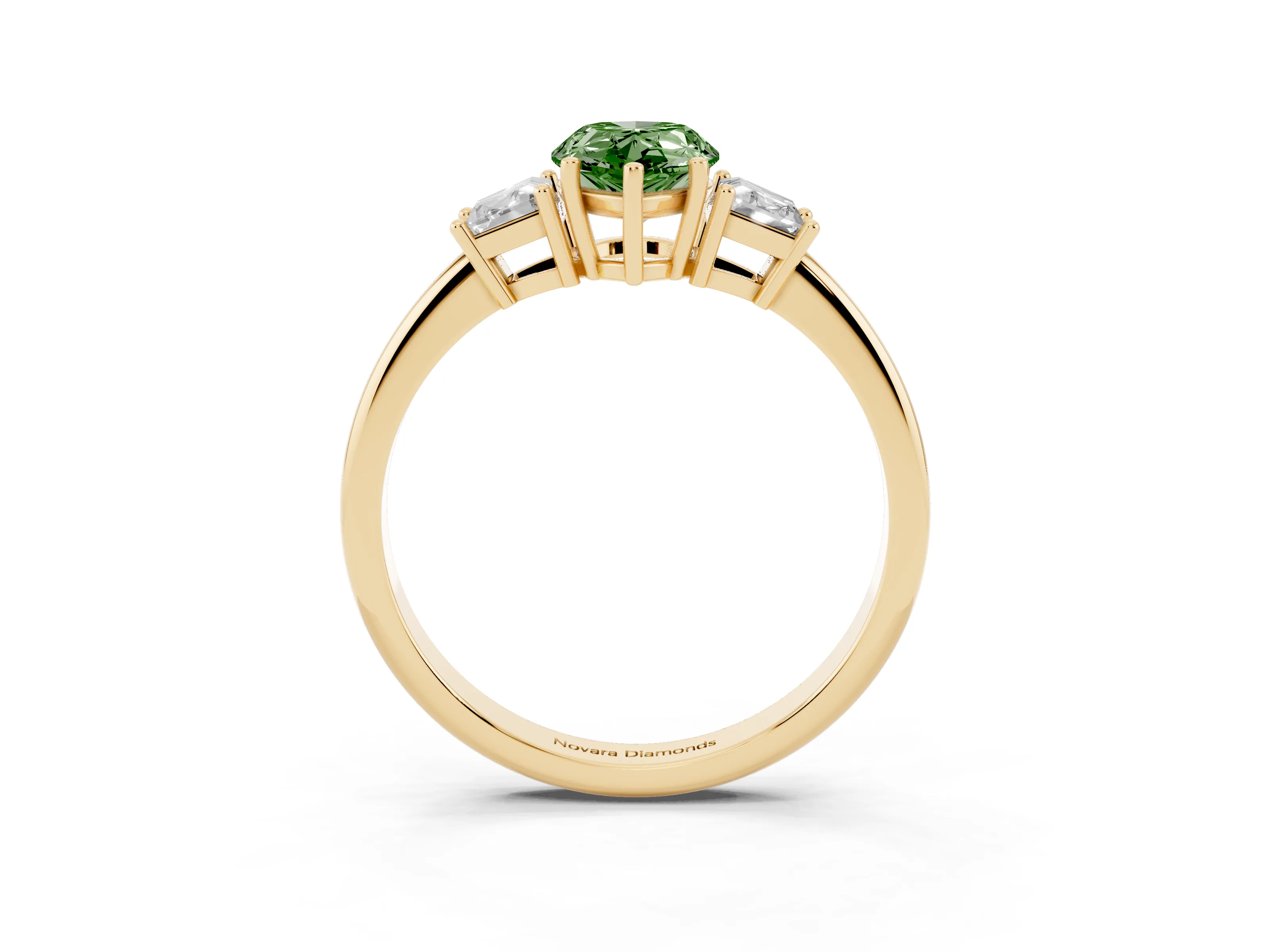 Fancy Green Pear Cut Diamond Three-Stone Ring Set in Yellow gold with Trapezoid Side Stones and Prong Setting