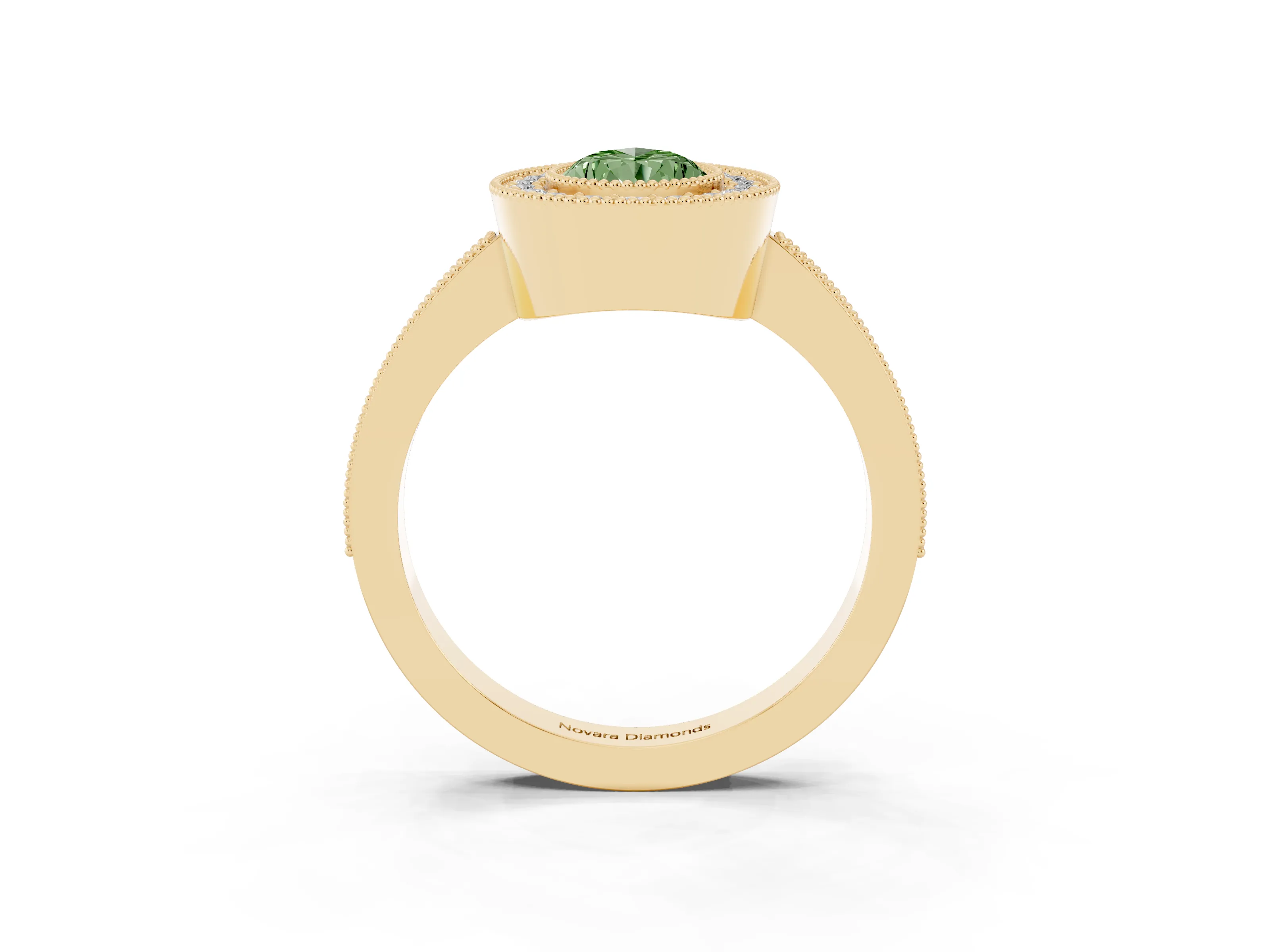 Fancy Green Pear Cut Diamond Halo Engagement Ring Set in Yellow gold with Pavé Band and Round Halo Stones