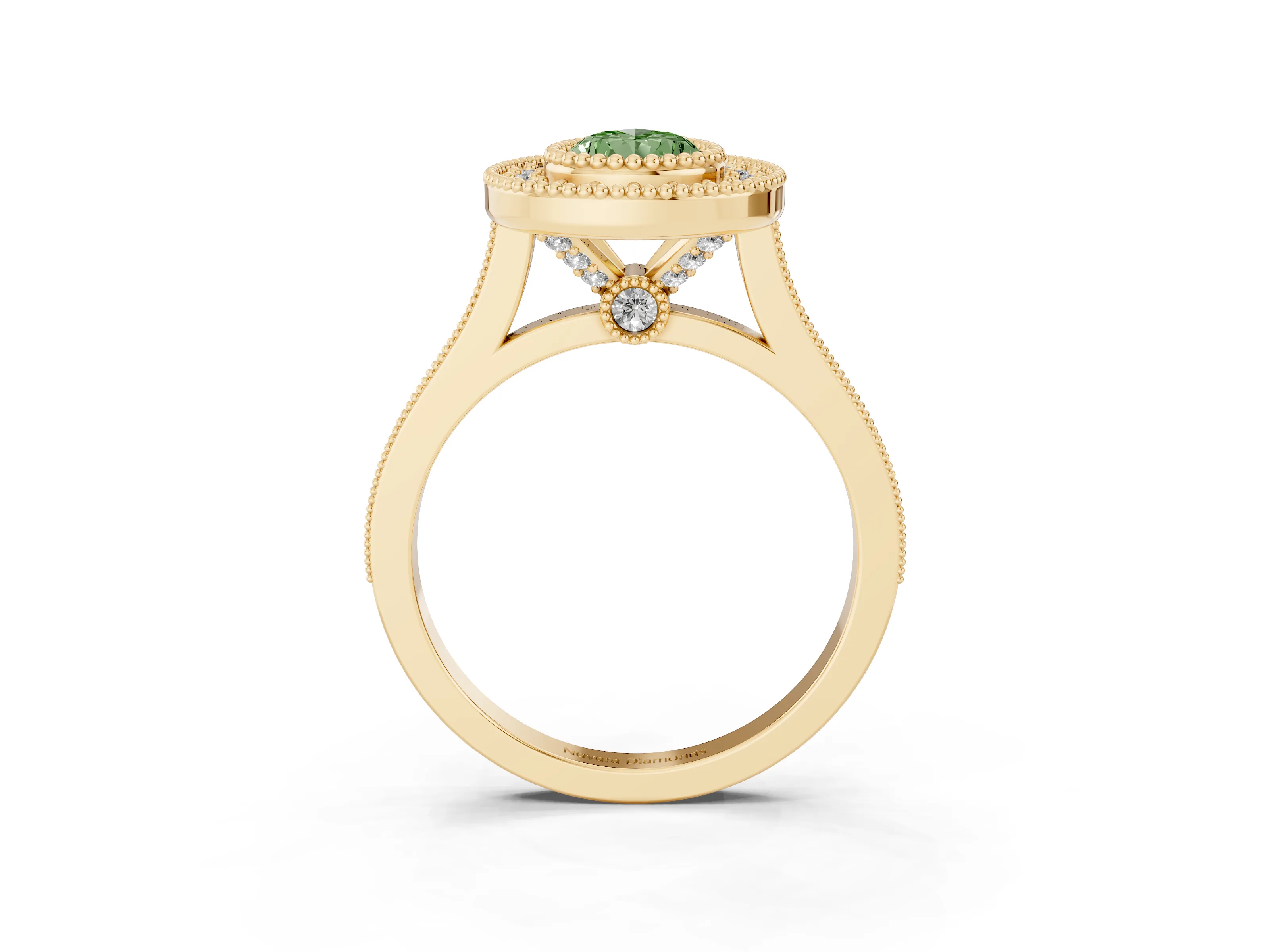 Fancy Green Pear Cut Diamond Halo Ring Set in Yellow gold with Milgrain Frame and Pavé Band