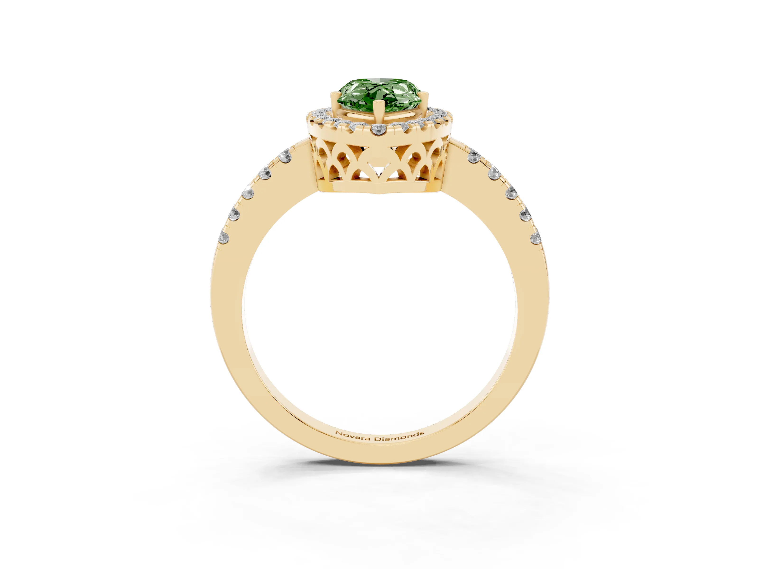 Fancy Green Pear Cut Diamond Pavé Band Halo Engagement Ring Set in Yellow gold with Prong Setting