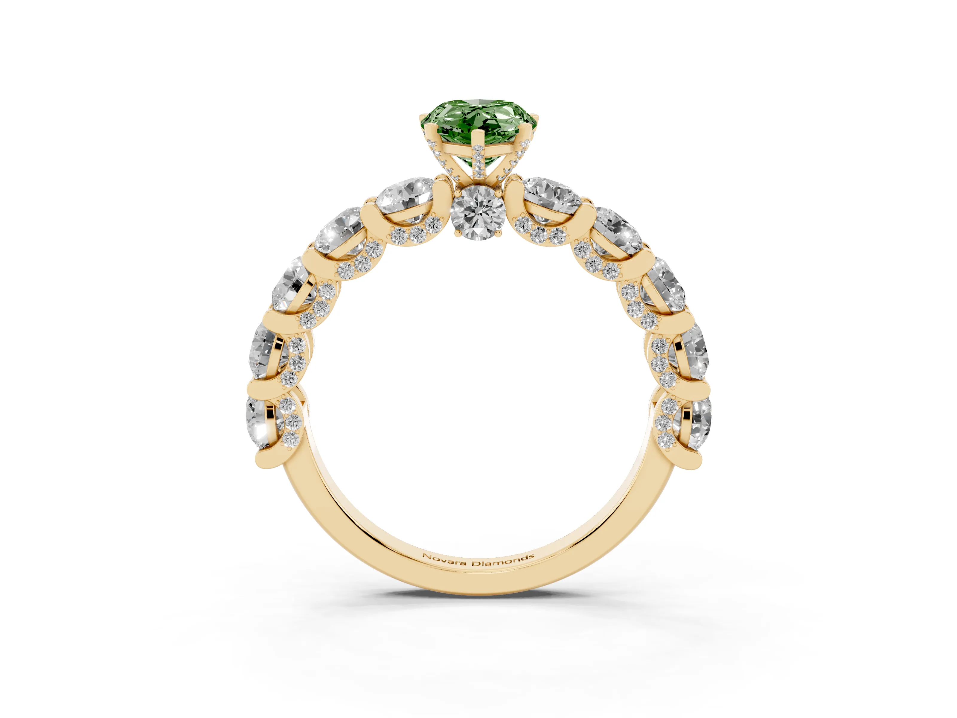Fancy Green Pear Cut Diamond Side Stone Ring Set in Yellow gold with Alternating Round and Oval Side Stones