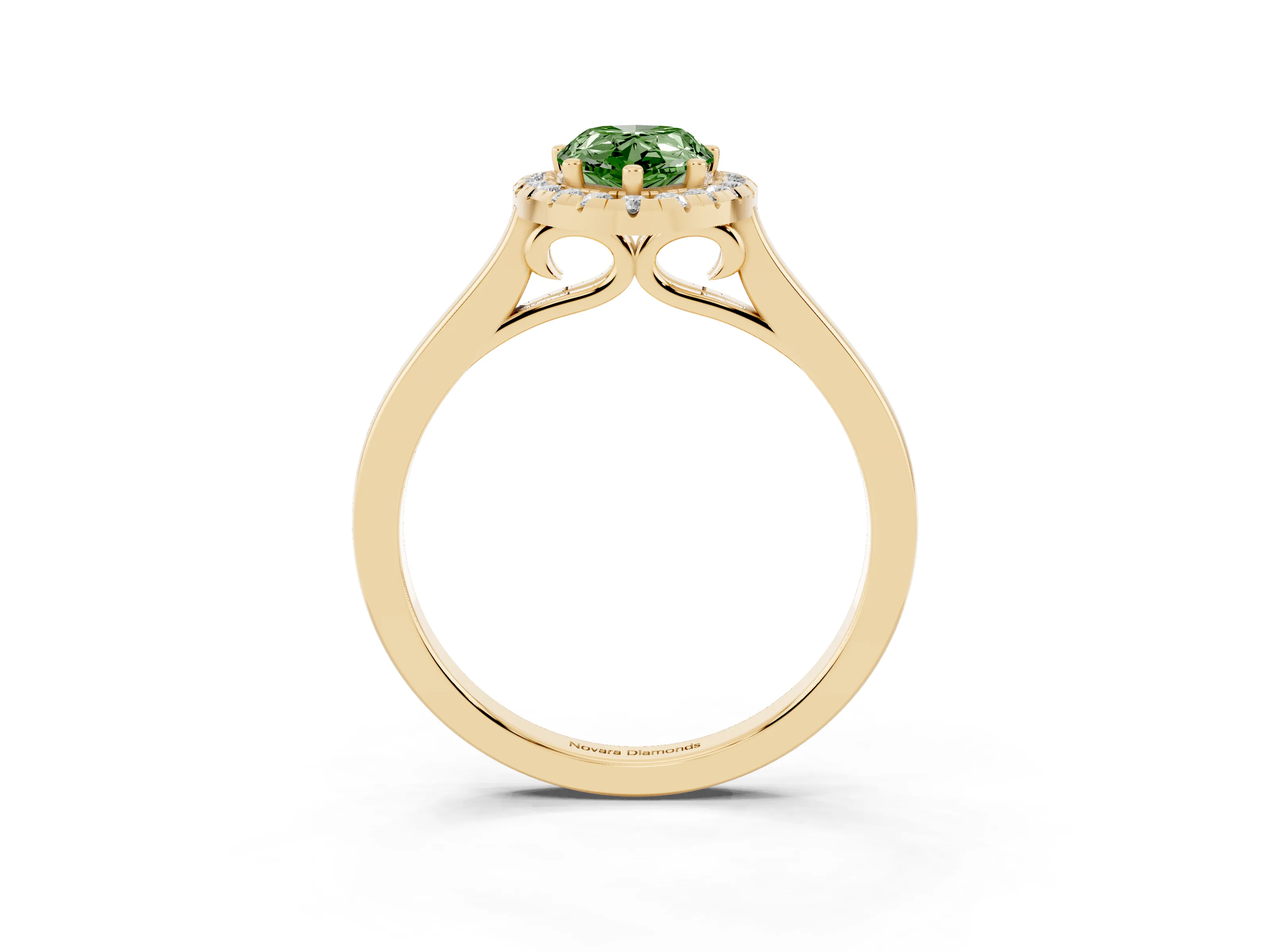 Fancy Green Pear Cut Halo Round Diamond Solitaire Ring Set in Yellow gold with Pavé Band and Prong Setting
