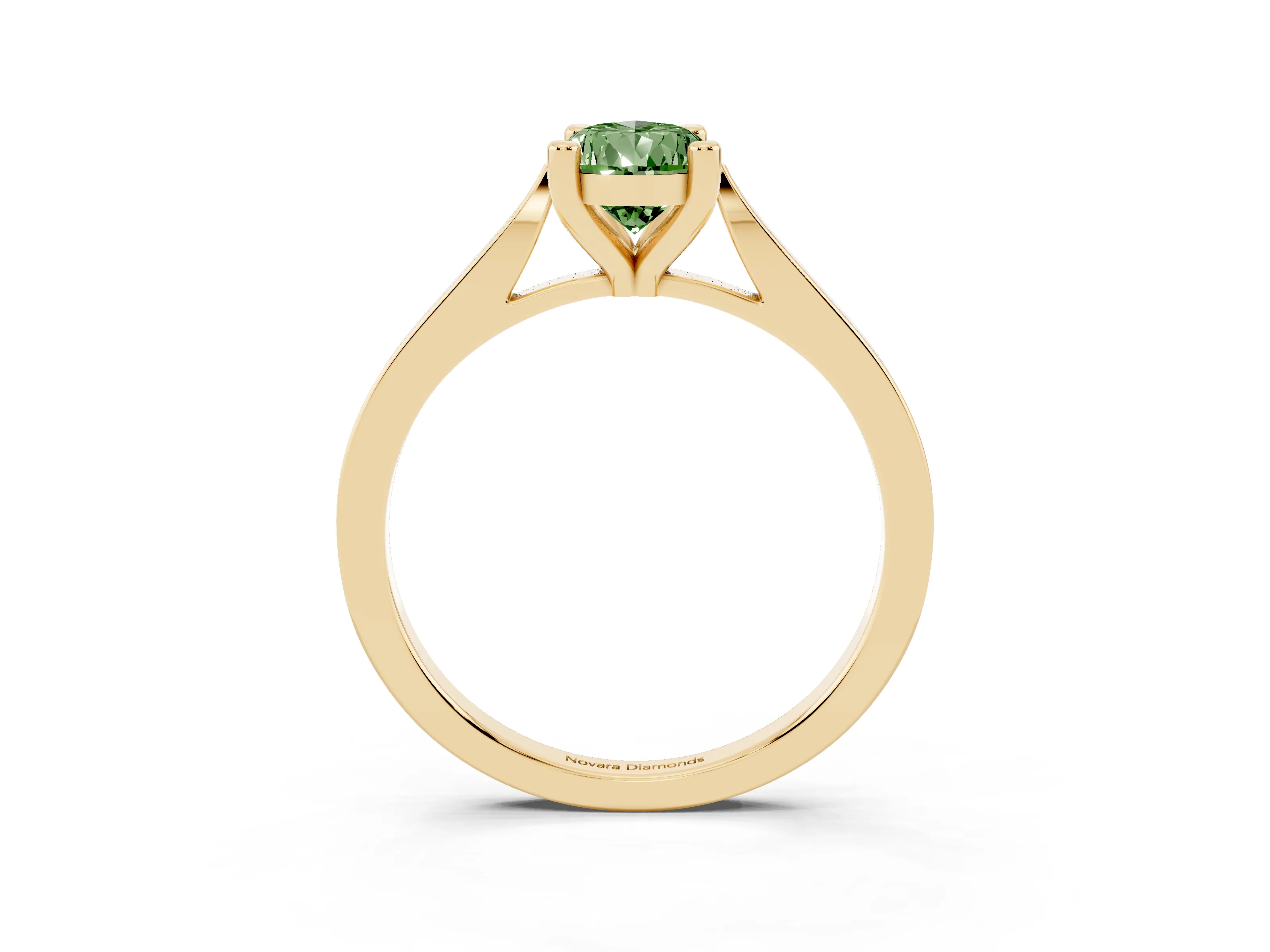 Fancy Green Pear Cut Diamond Solitaire Ring Set in Yellow gold with Prong Setting and Tapered Band