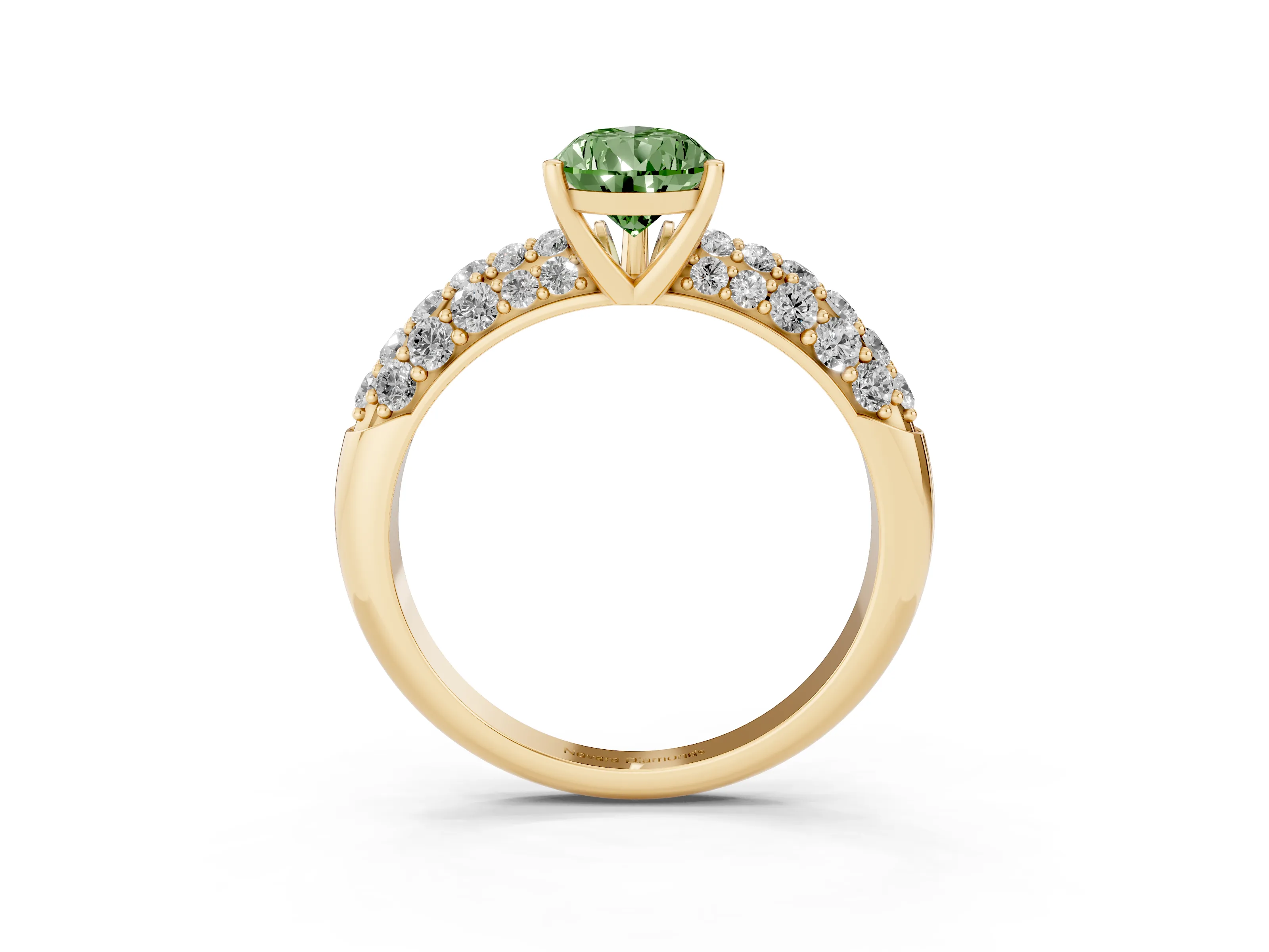 Fancy Green Pear Cut Diamond Pavé Band Solitaire Ring Set in Yellow gold with Close-Set Accent Stones and Prong Setting