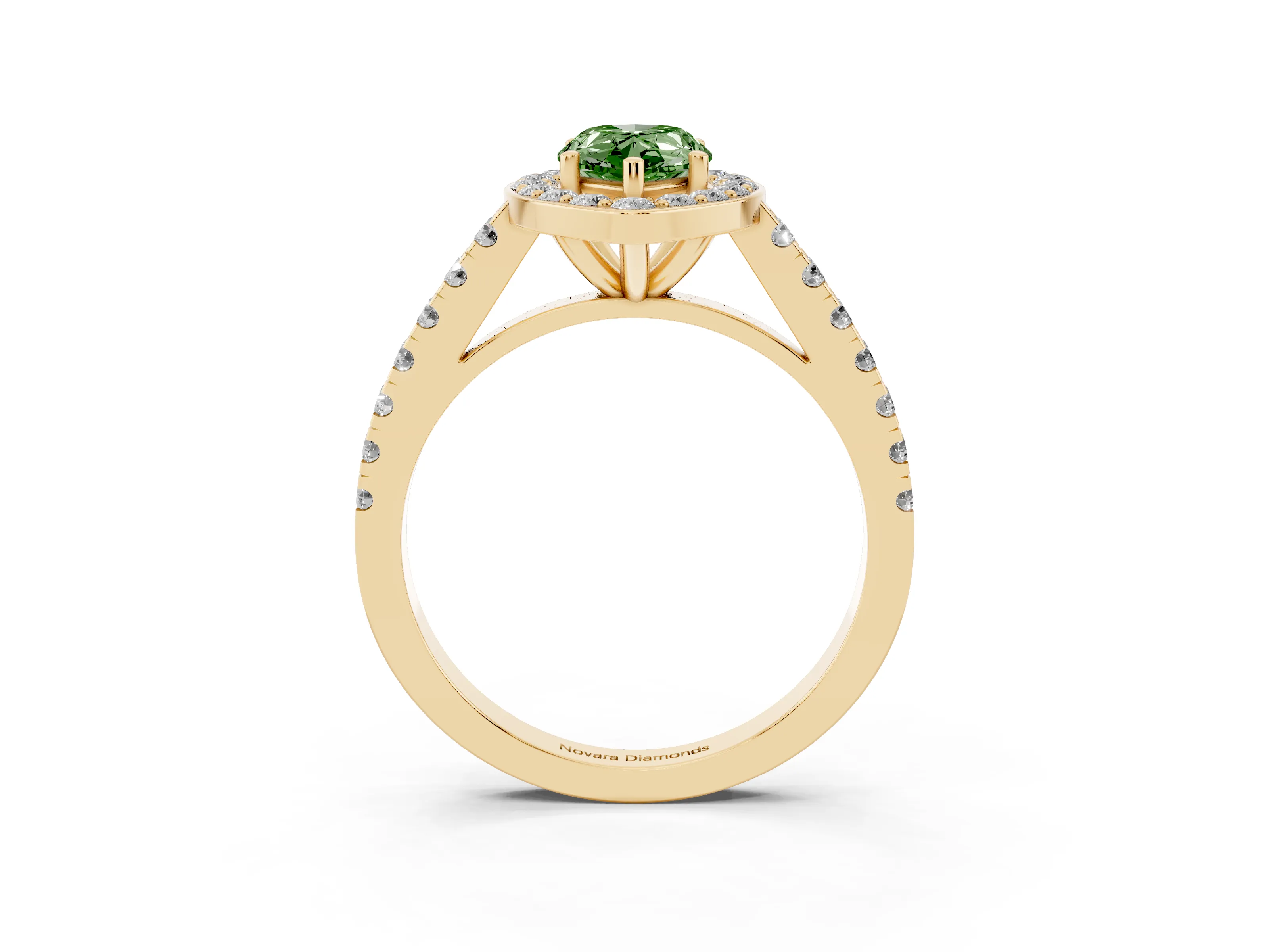 Fancy Green Pear Cut Diamond Halo Ring Set in Yellow gold with Round Pavé Split Shank and Prong Setting