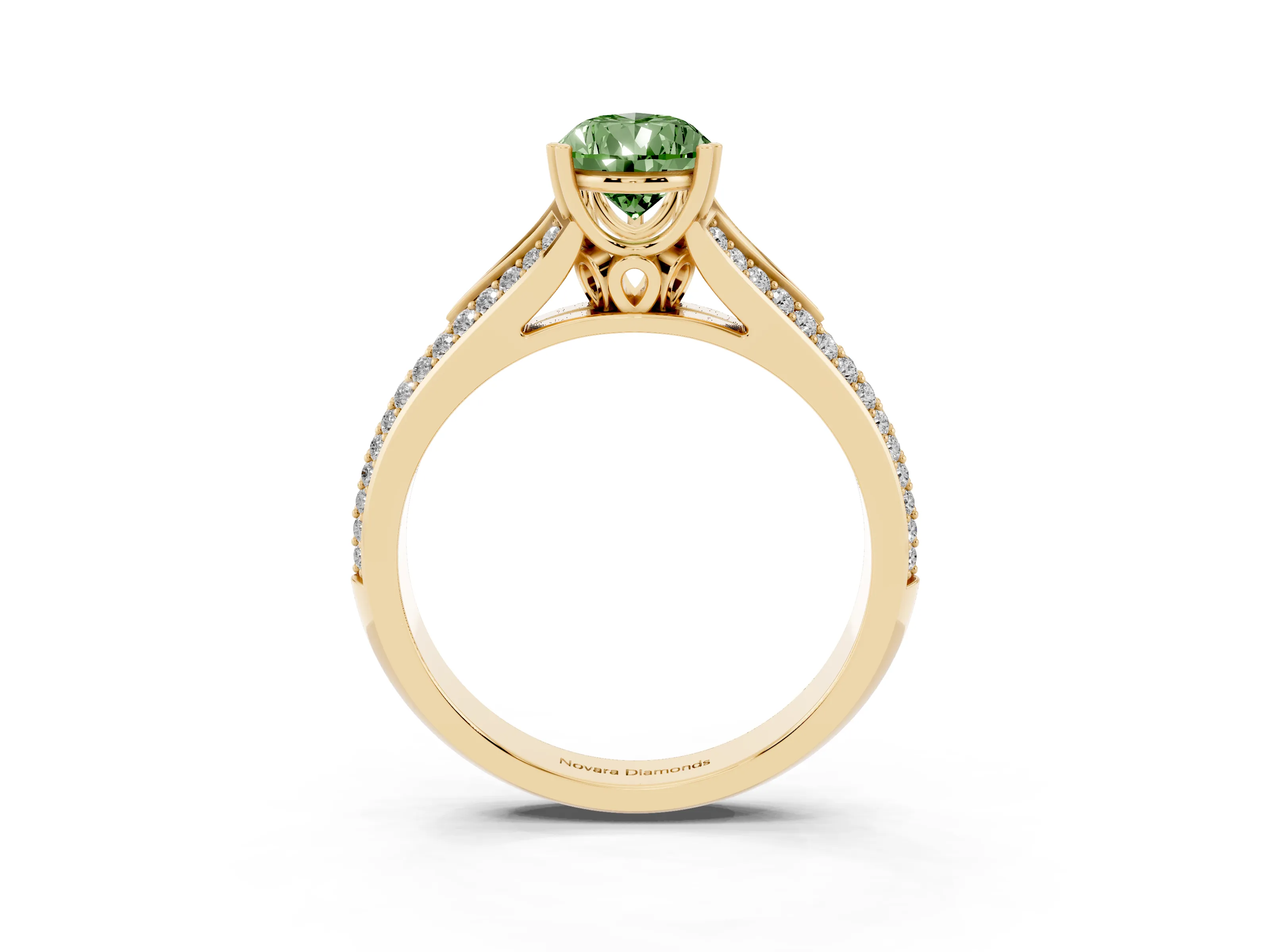 Fancy Green Pear Cut Diamond Split Shank Pavé Engagement Ring Set in Yellow gold with Prong-Set Center Stone