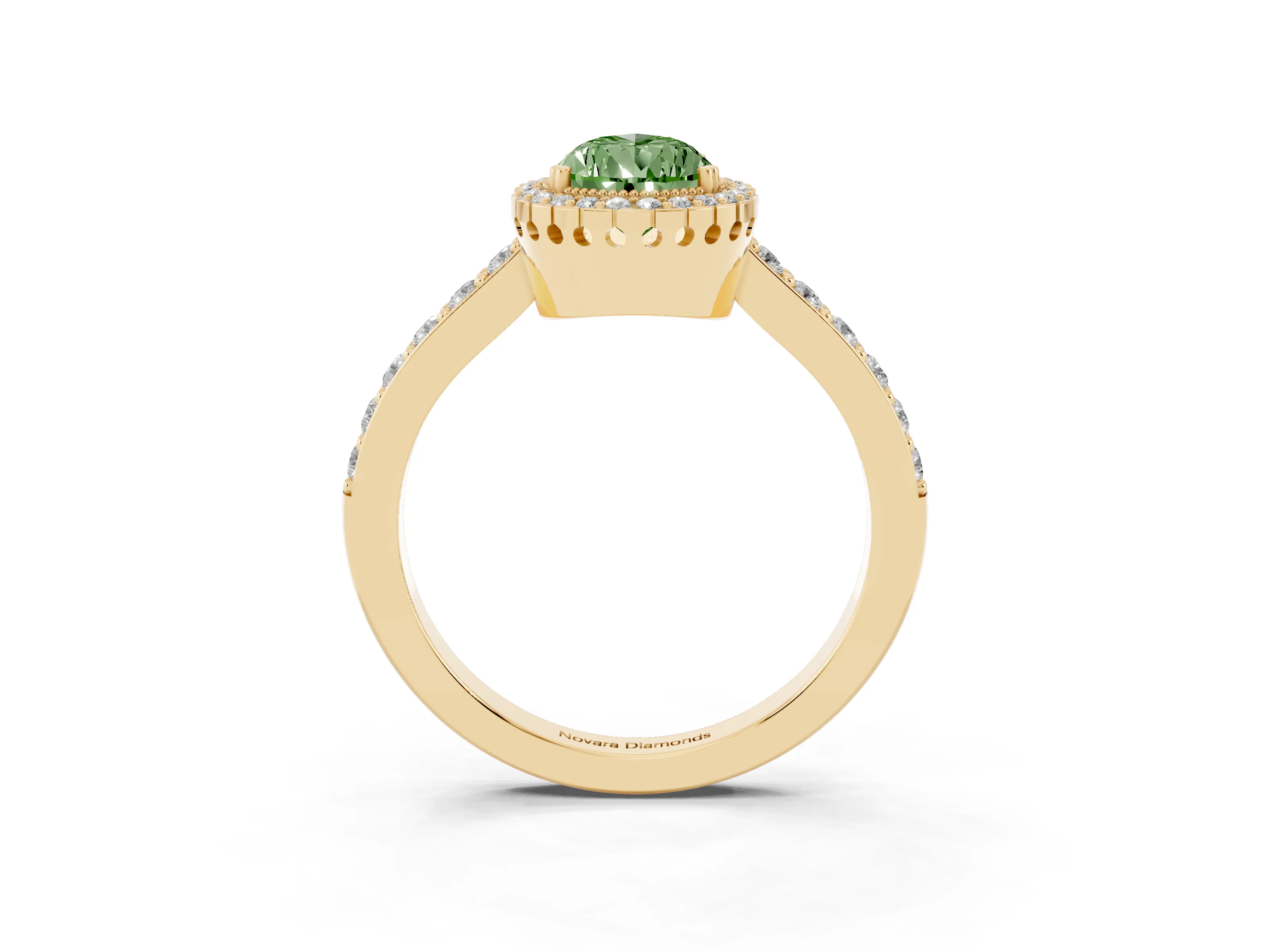 Fancy Green Pear Cut Diamond Halo Engagement Ring Set in Yellow gold with Milgrain Detail and Pavé Band