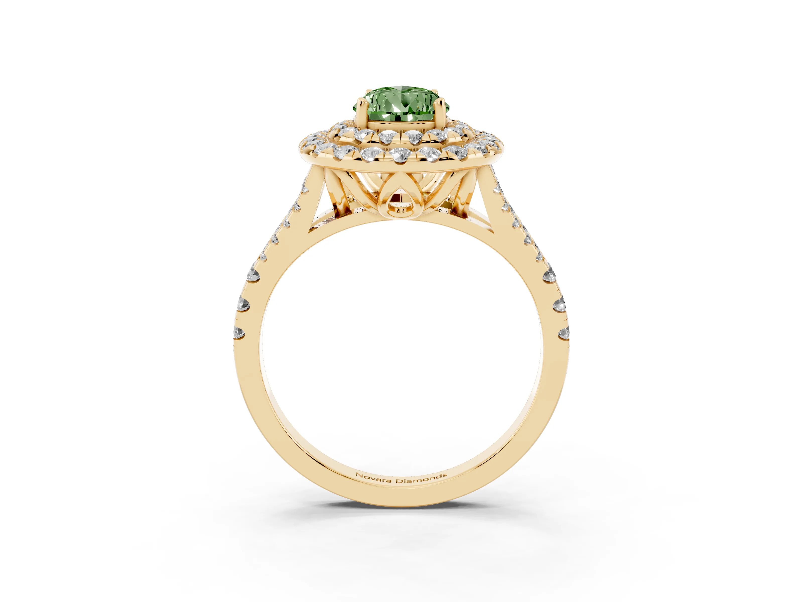 Fancy Green Pear Cut Diamond Double Halo Ring Set in Yellow gold with Pavé Split Shank and Prong Setting